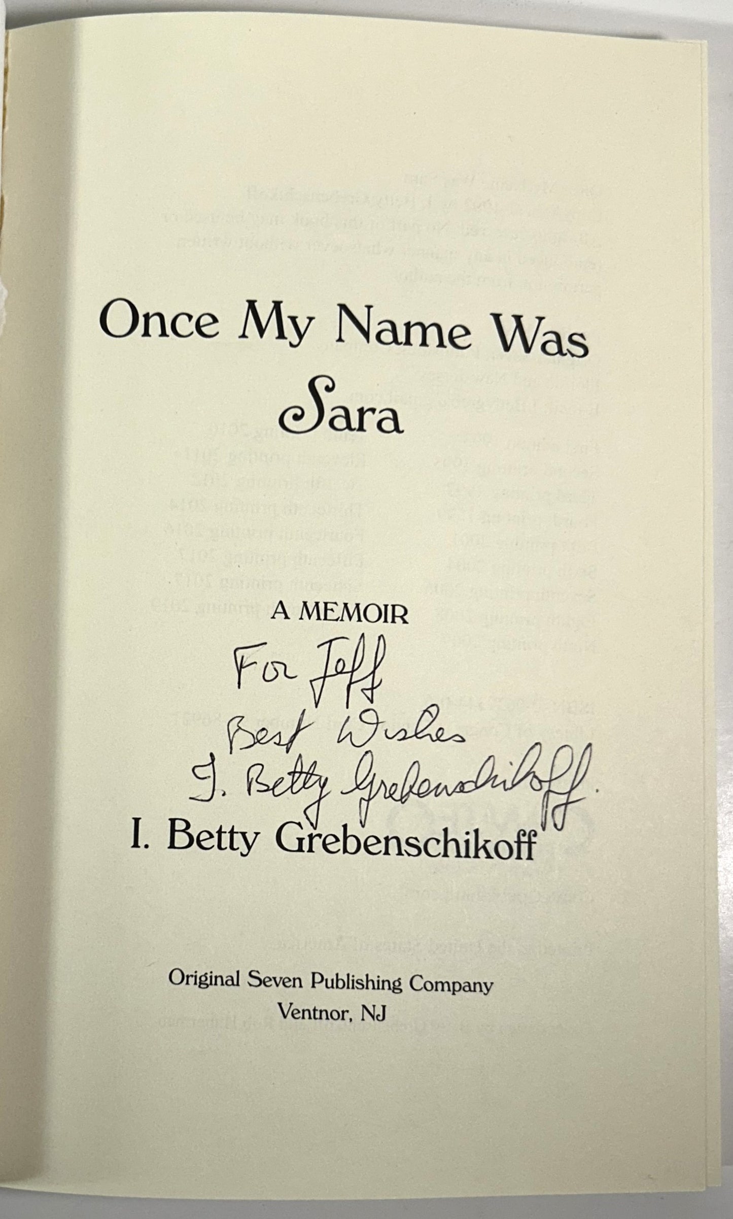 Once My Name was Sara by I. Betty Grebenschikoff 2017 SIGNED