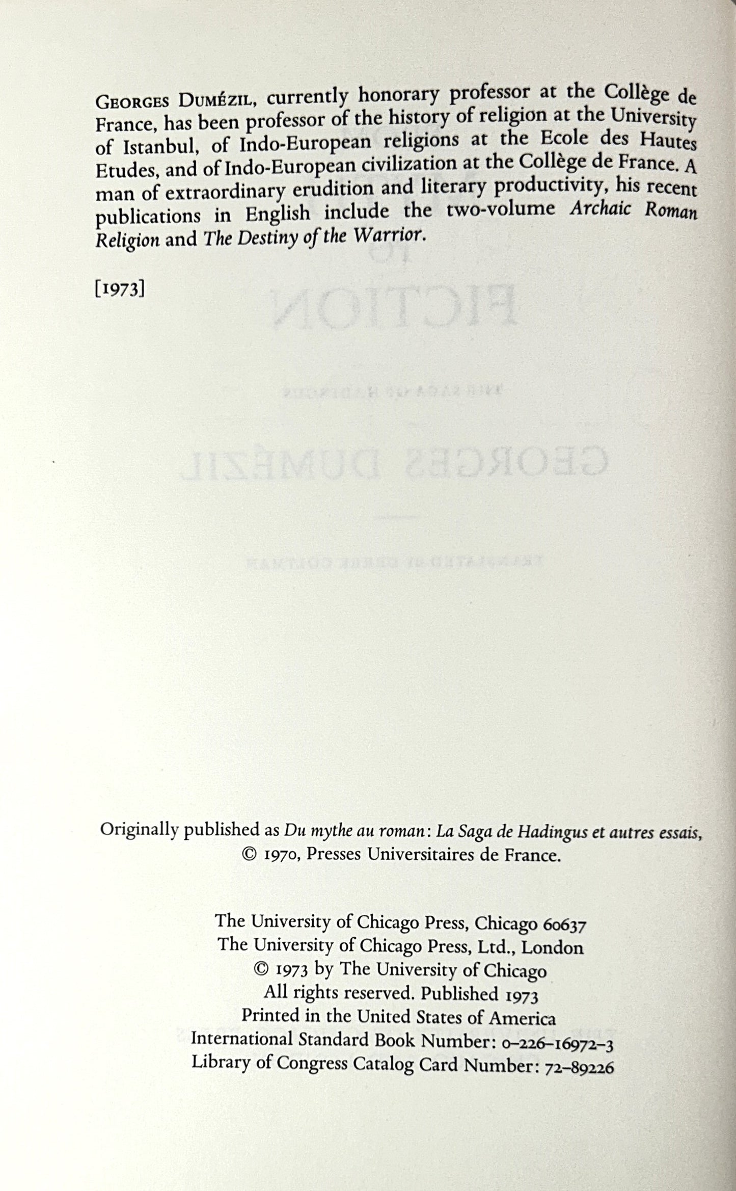 From Myth to Fiction: The Saga of Hadingus by Georges Dumezil 1973 University of Chicago Press