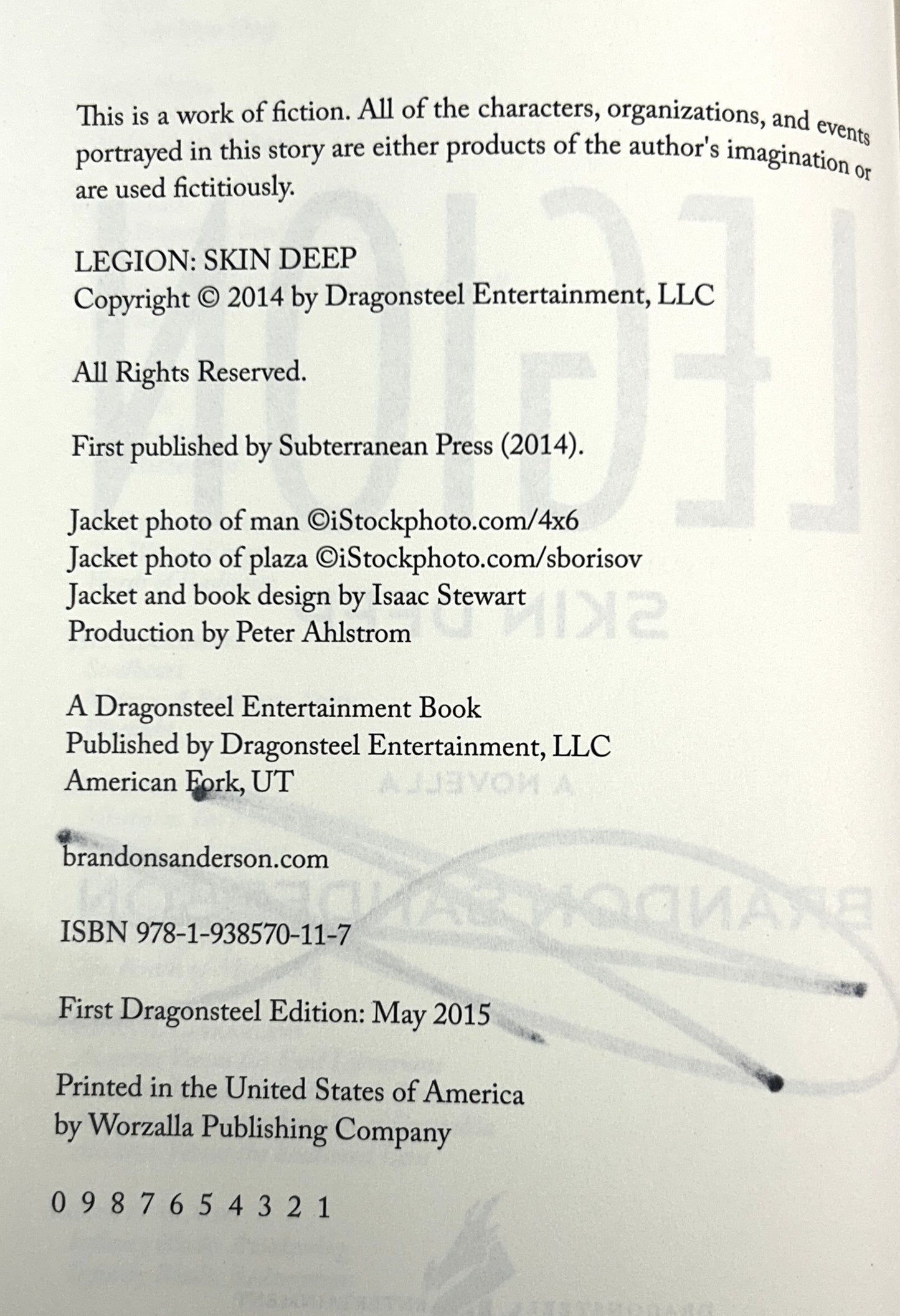 Legion: Skin Deep by Brandon Sanderson 2014 SIGNED 1st Edition