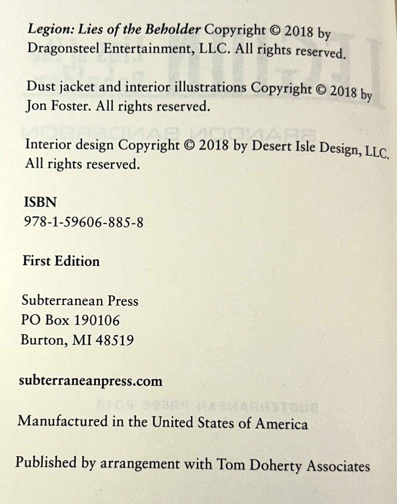 Legion: Lies of the Beholder by Brandon Sanderson 2018 SIGNED Ltd Ed #2221 SUBTERRANEAN PRESS