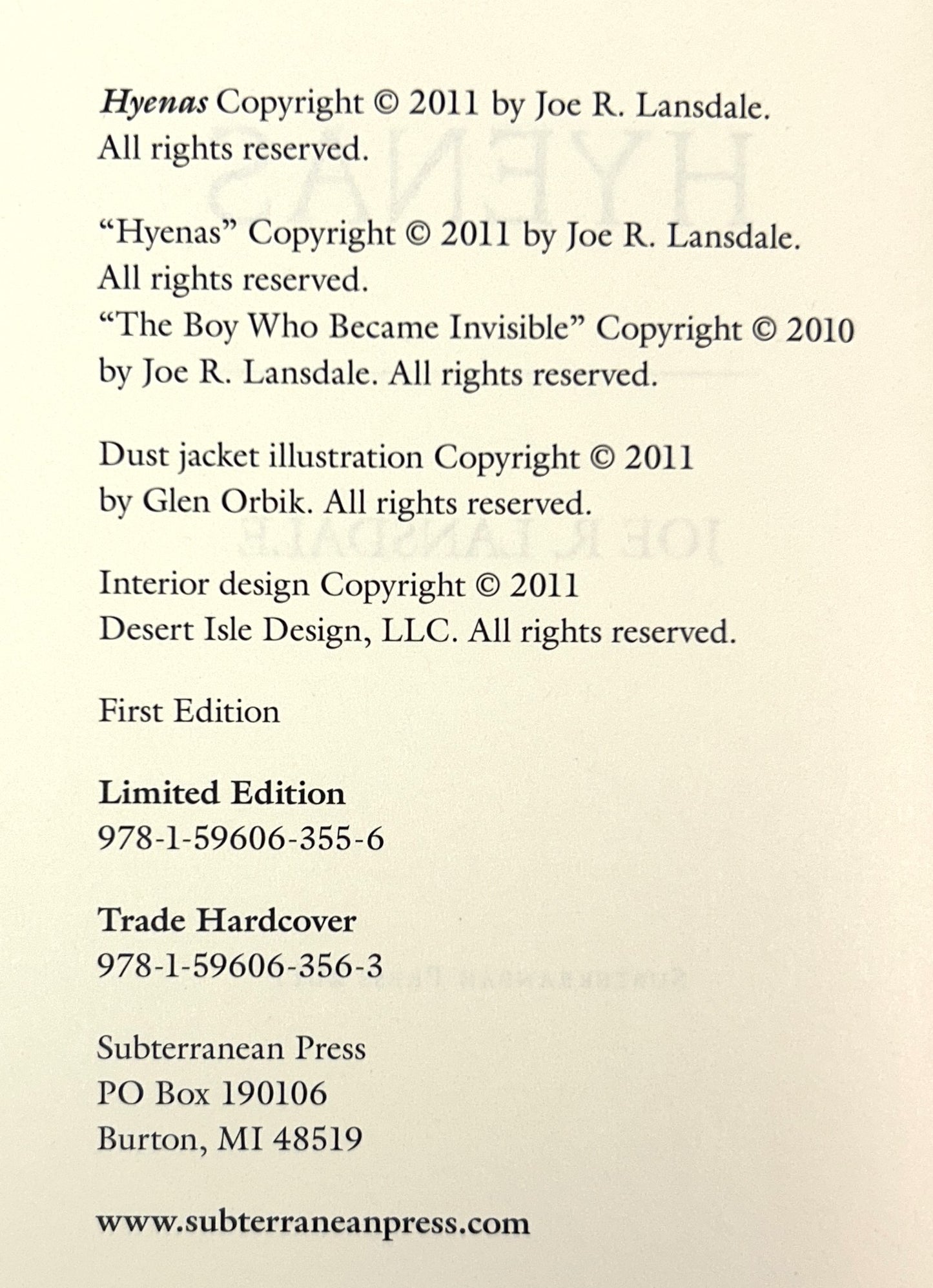 Hyenas by Joe R. Lansdale 2011 SIGNED Limited Edition SUBTERRANEAN PRESS