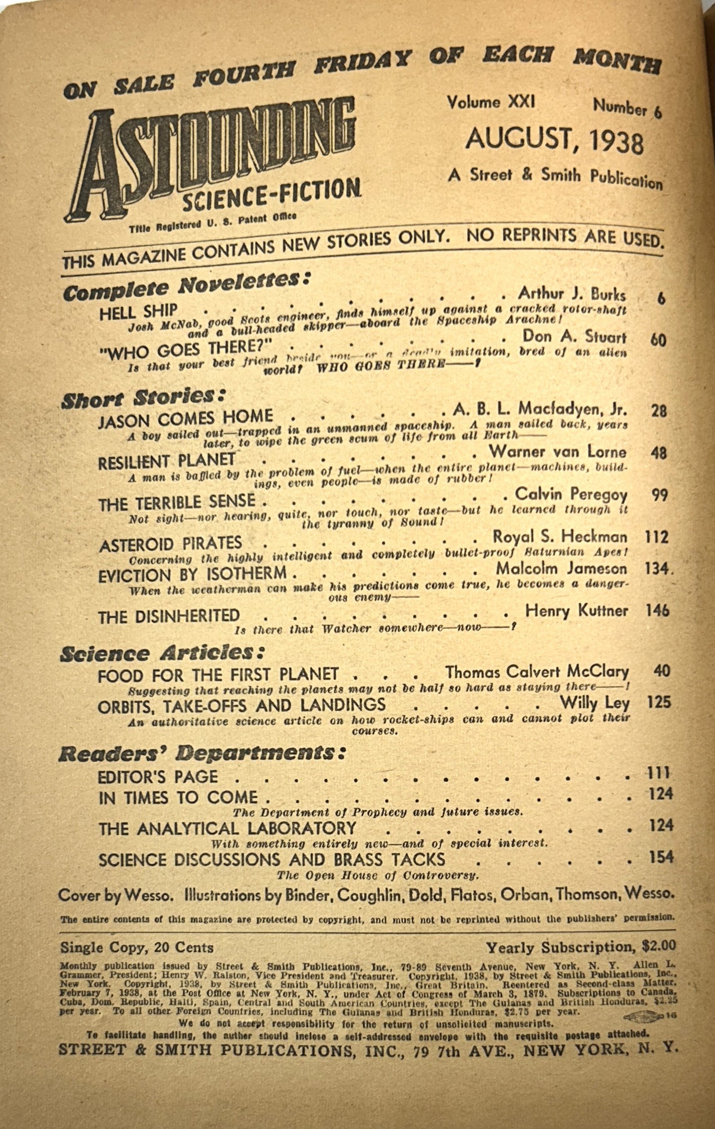 Astounding Science-Fiction Vol. 21 No. 6 August 1938 "Who Goes There" aka "The Thing" First Appearance