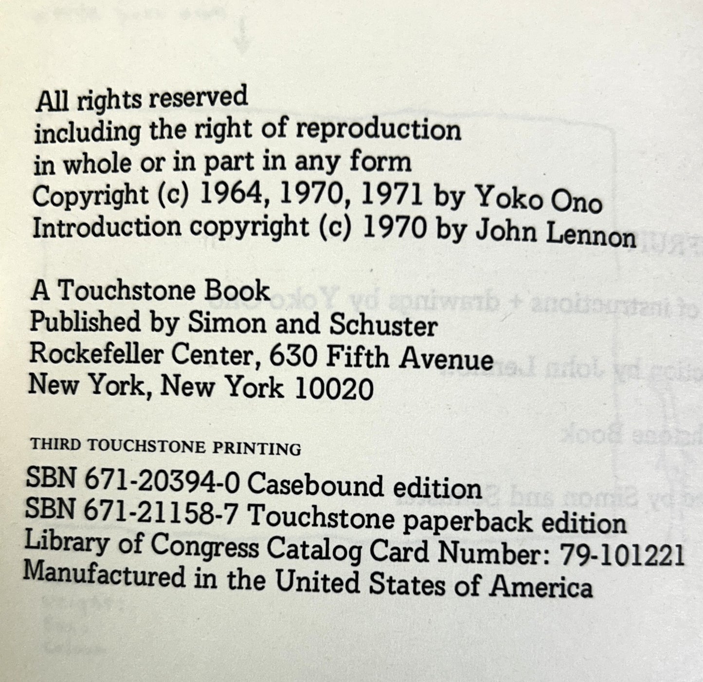 Grapefruit by Yoko Ono 1971 3rd Touchstone Printing
