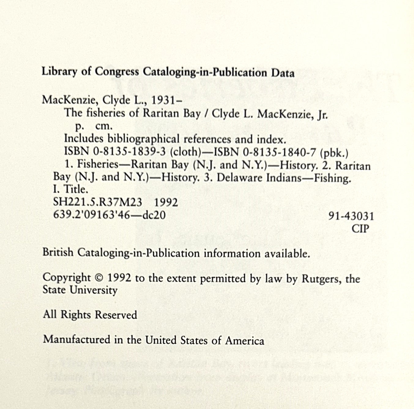 The Fisheries of Raritan Bay by Clyde L MacKenzie Jr 1992