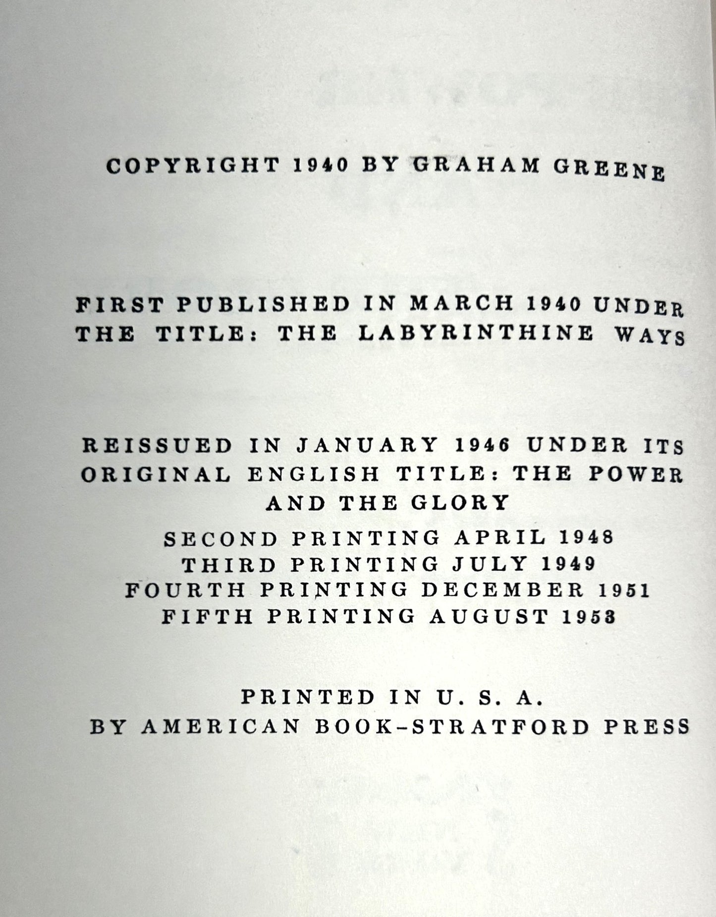 Power and Glory by Graham Greene 1958 5th Printing
