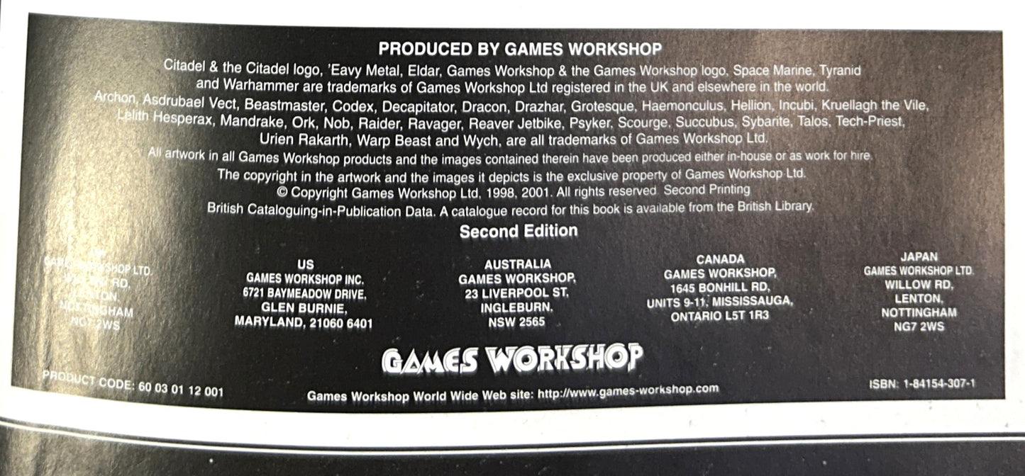 Warhammer 40000: Codex: Dark Eldar 2001 2nd Ed 2nd Printing