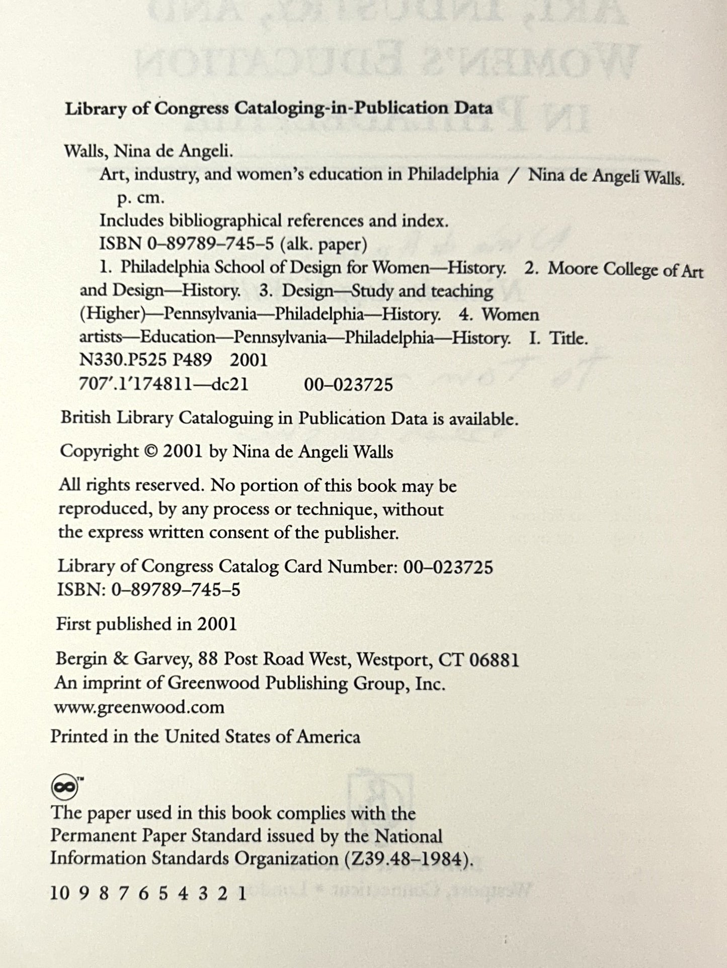 Art, Industry, and Women's Education in Philadelphia by Nina de Angeli Walls 2001 SIGNED