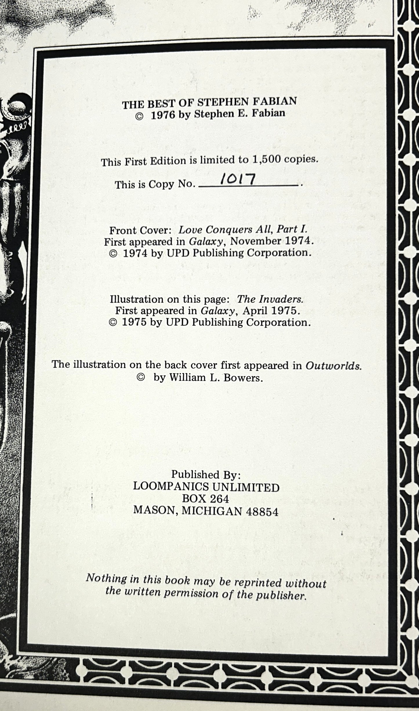 Loompanics Unlimited Presents: The Best of Stephen Fabian 1976 Ltd Ed 1017/1500