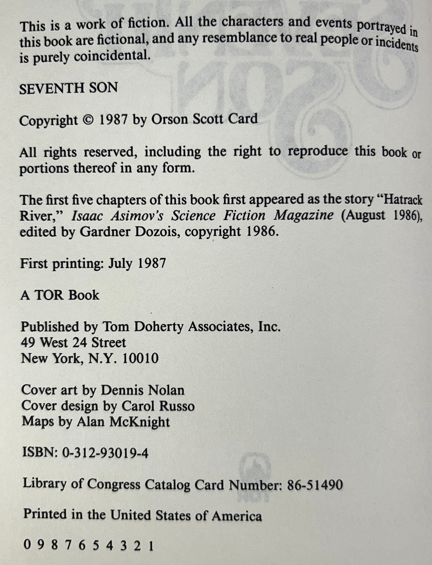 Seventh Son by Orson Scott Card 1987 1st Edition