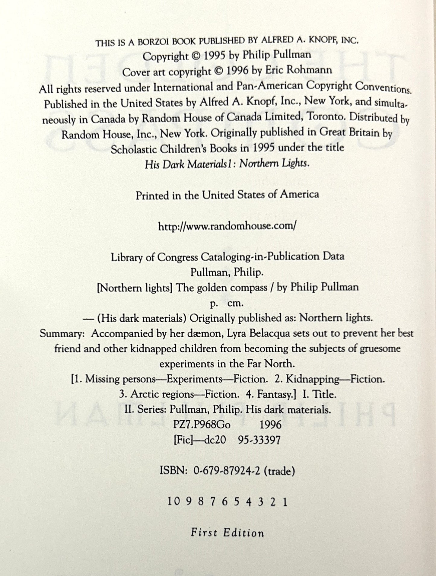 The Golden Compass by Philip Pullman 1996 1st US Edition