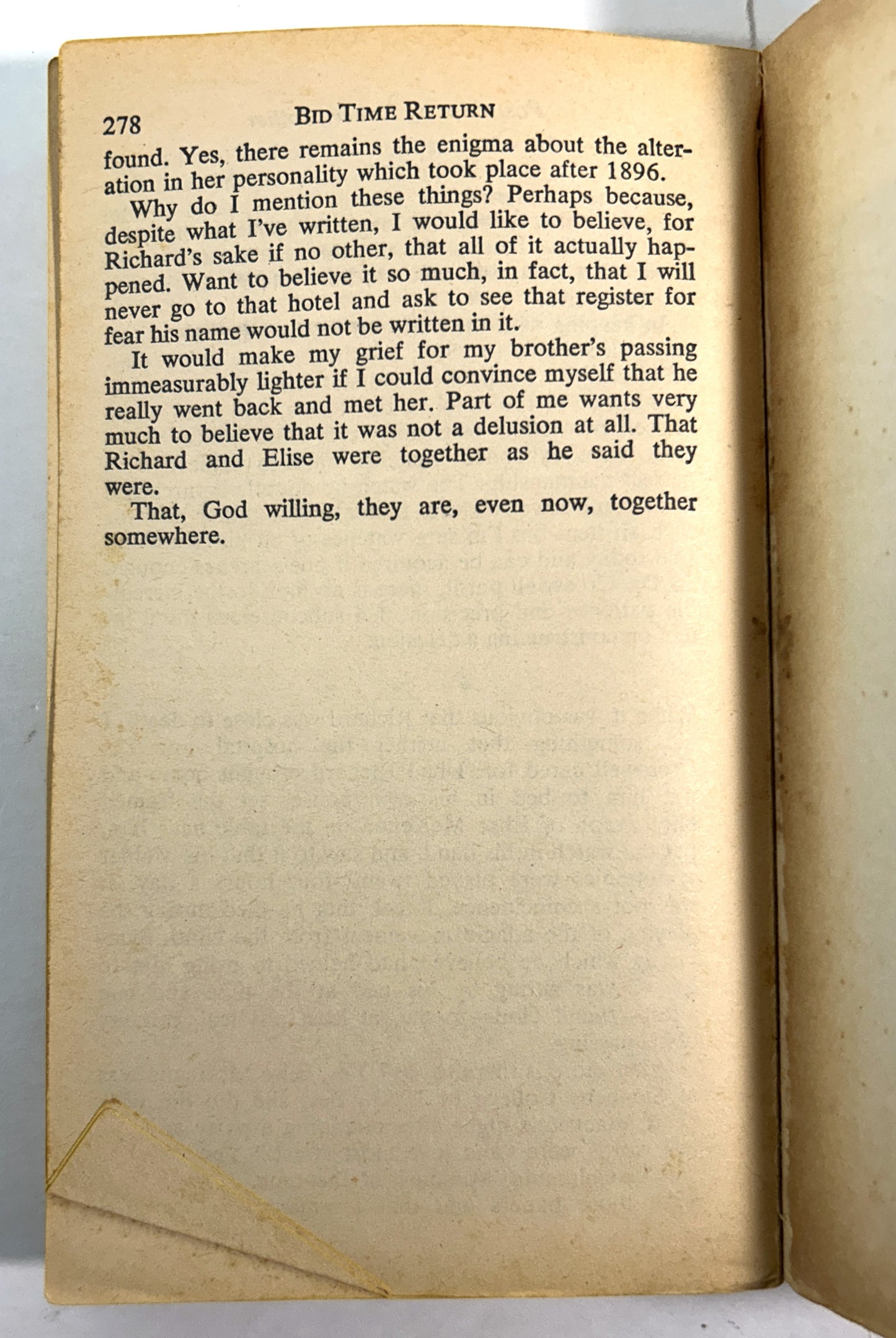 Bid Time Return by Richard Matheson 1976 1st Ballantine Printing