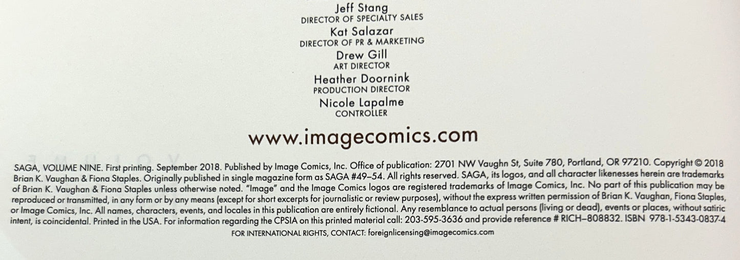 Set of 9 Saga by Fiona Staples & Brian Vaughan 2016-2018