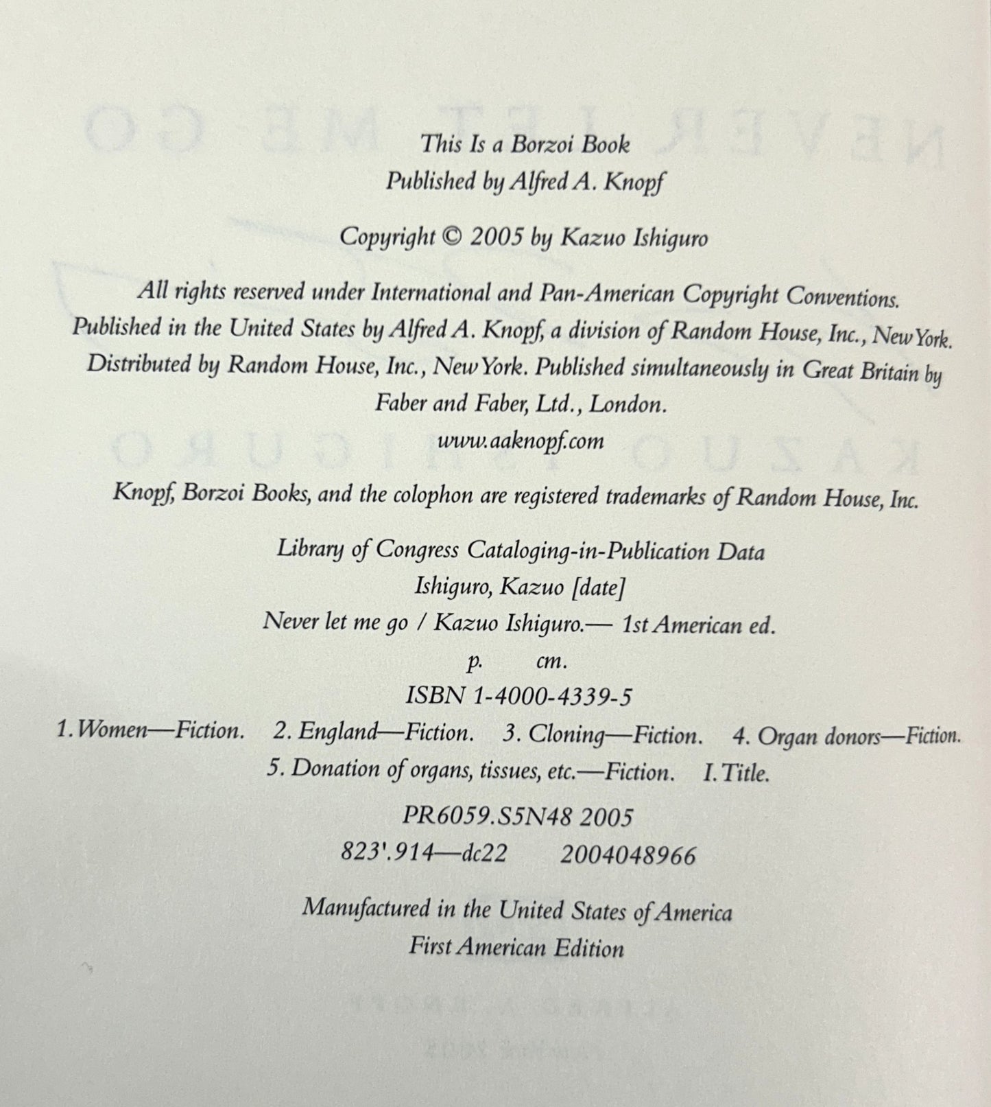 Never Let Me Go by Kazuo Ishiguro 2005 SIGNED 1st Edition