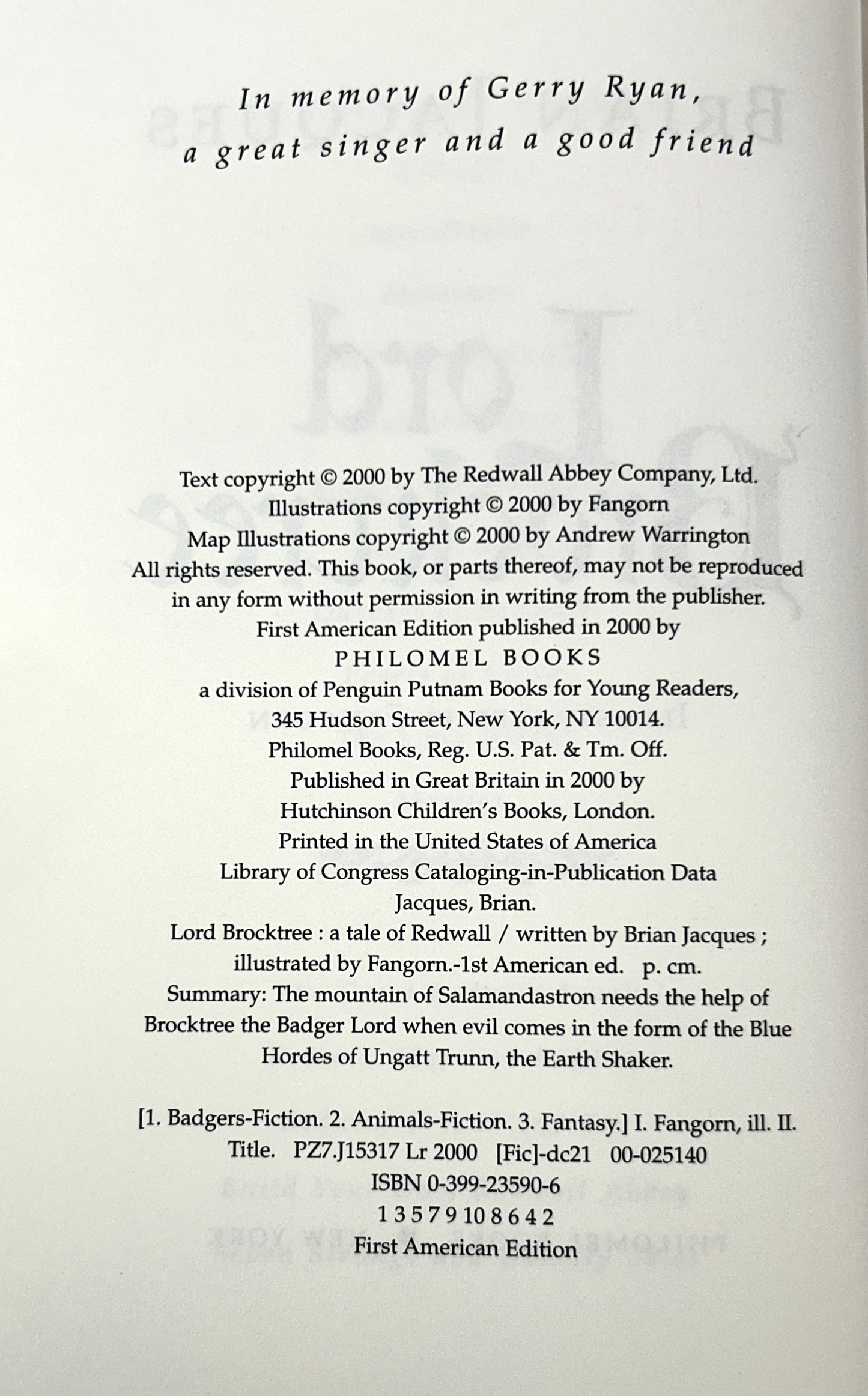 Lord Brocktree (Redwall #13) by Brian Jacques 2000 1st Edition