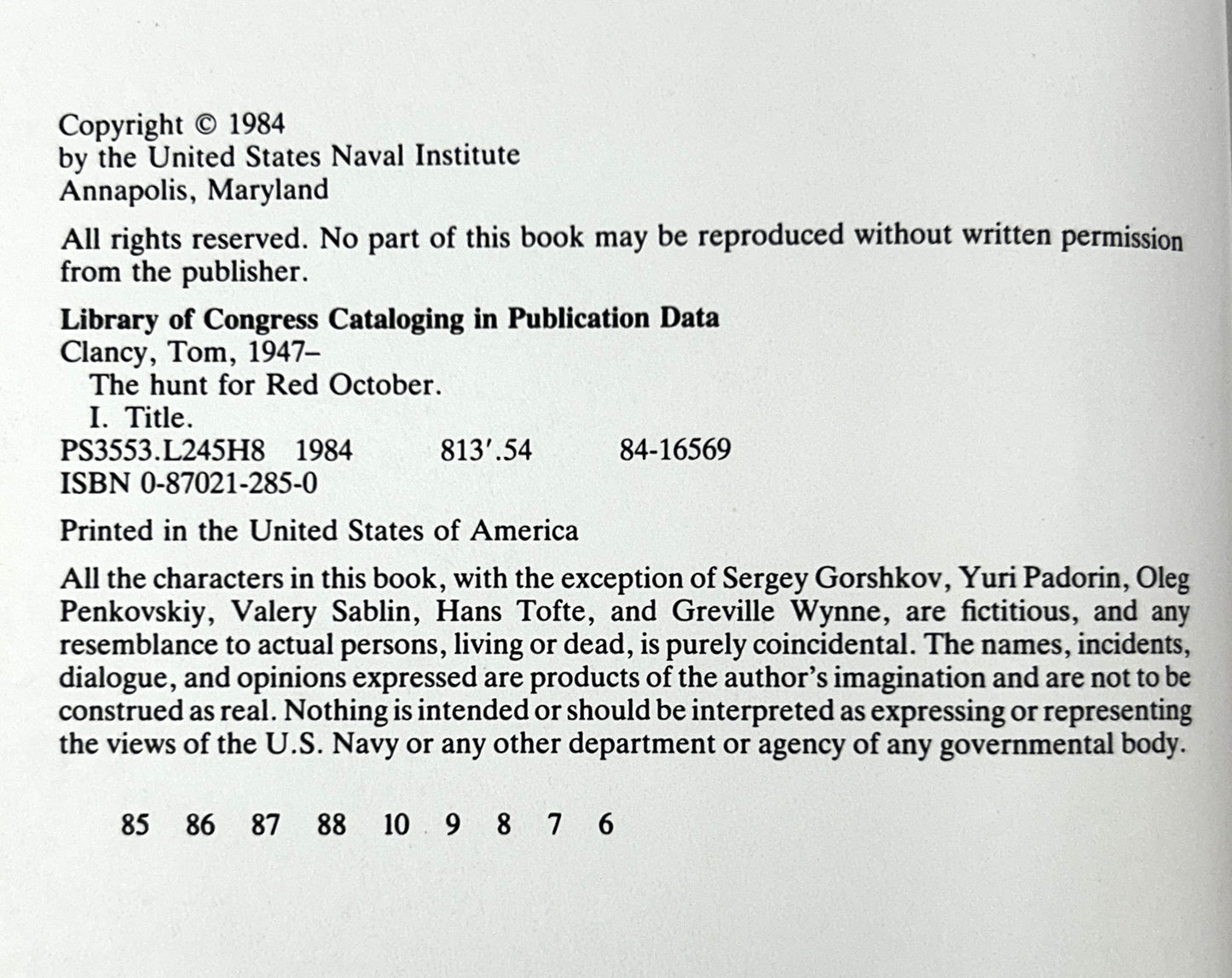 The Hunt for Red October by Tom Clancy 1985 6th Printing