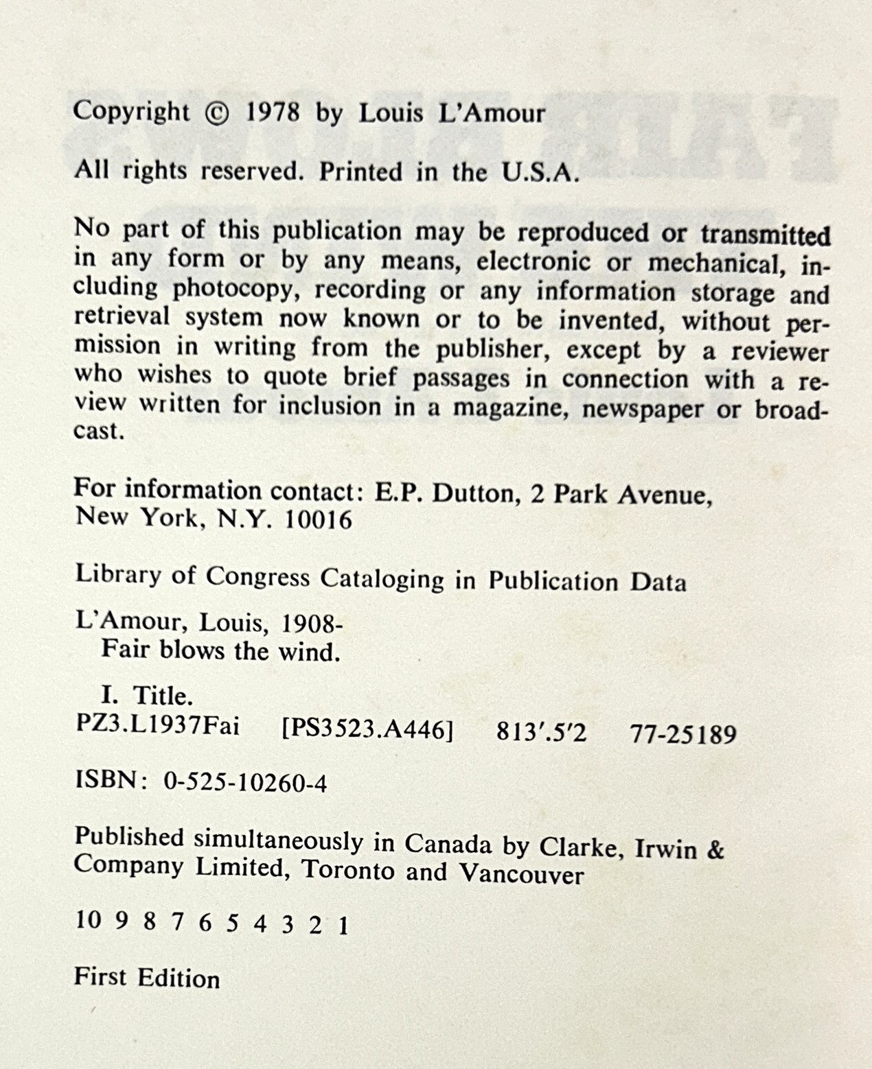 Fair Blows the Wind by Louis L'Amour 1978 HB 1st Edition