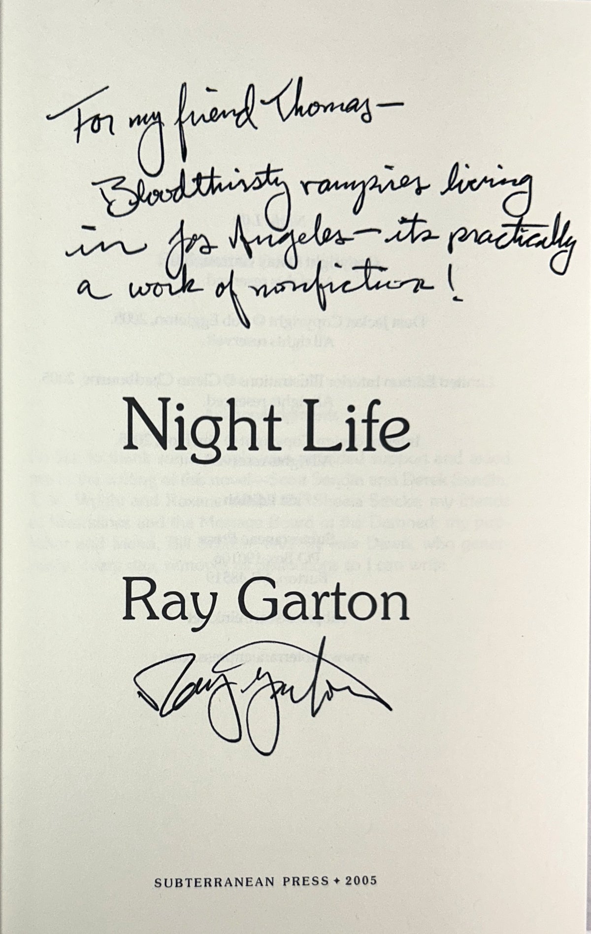 Night Life: The Sequel to Live Girls by Ray Garton 2005 SIGNED + INSCRIBED Subterranean Press