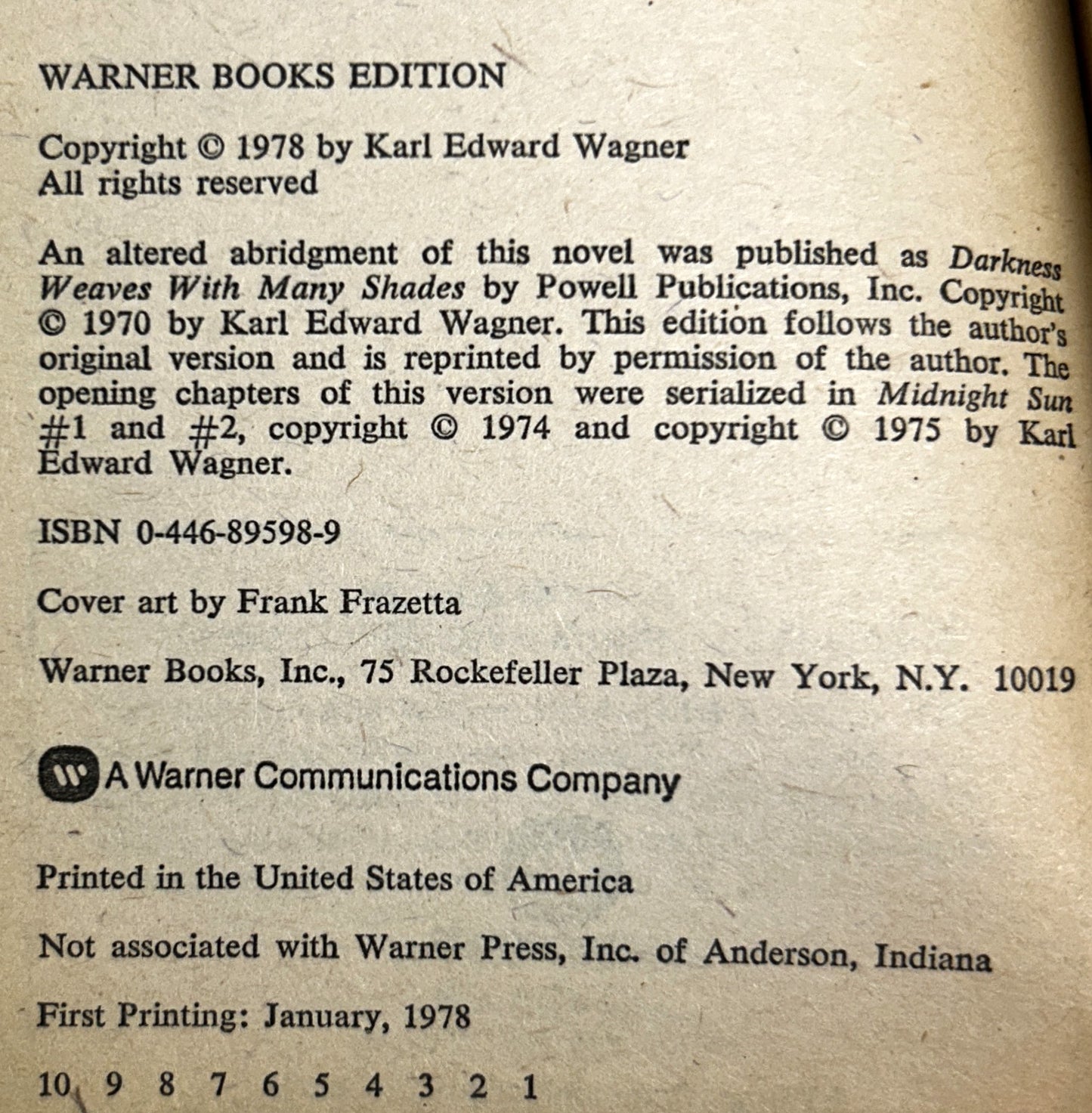 Darkness Weaves by Karl Edward Wager 1978 1st Print Frazetta Cover