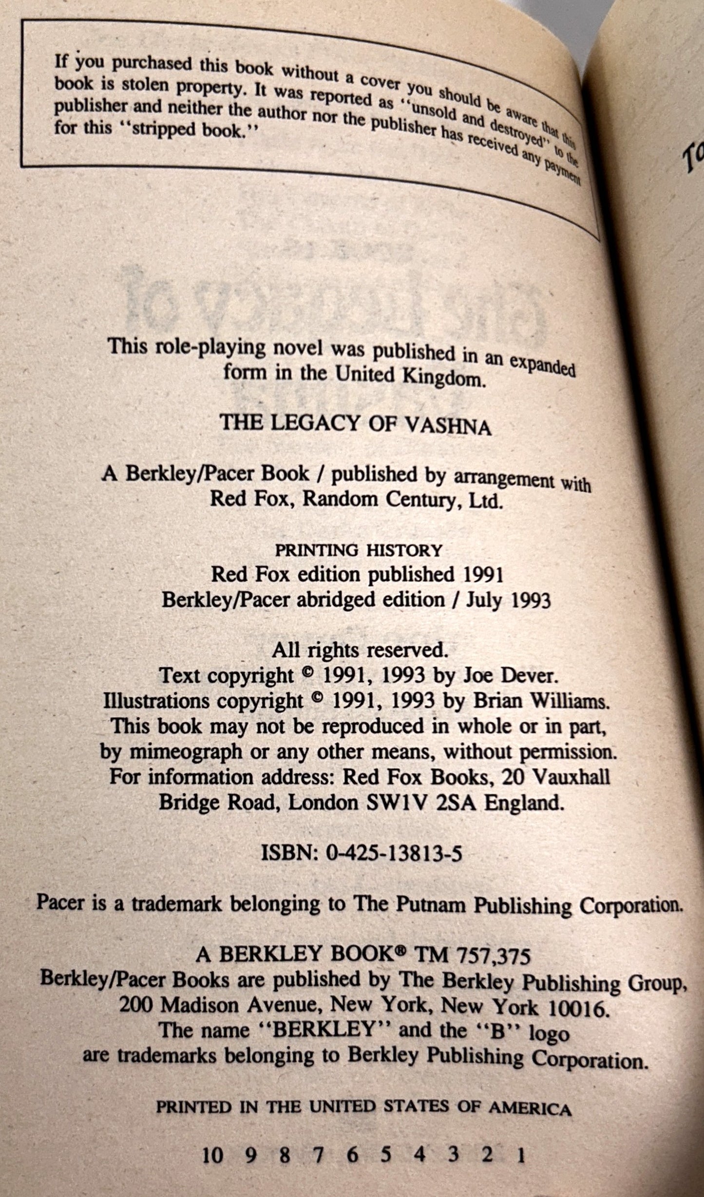 The Legacy of Vashna (Lone Wolf #16) by Joe Dever 1993
