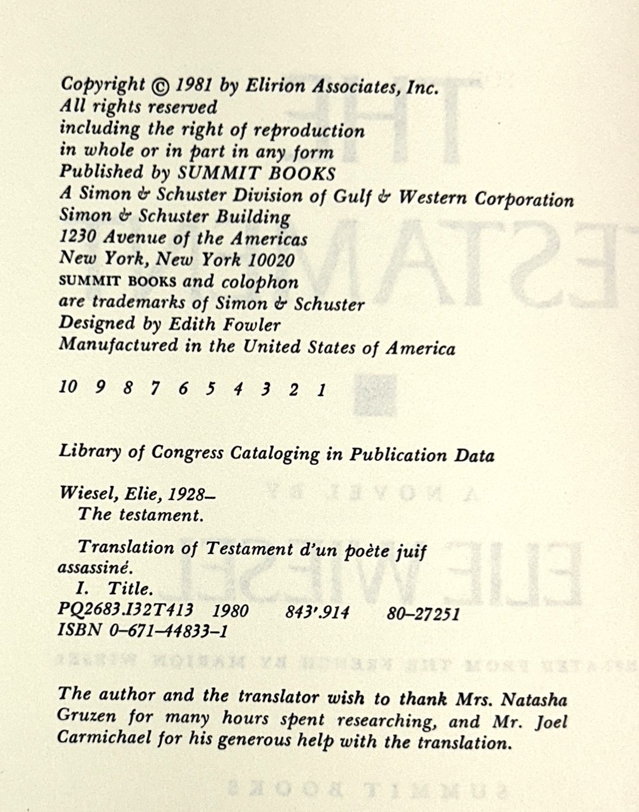 The Testament: A Novel by Elie Wiesel 1981 1st Edition