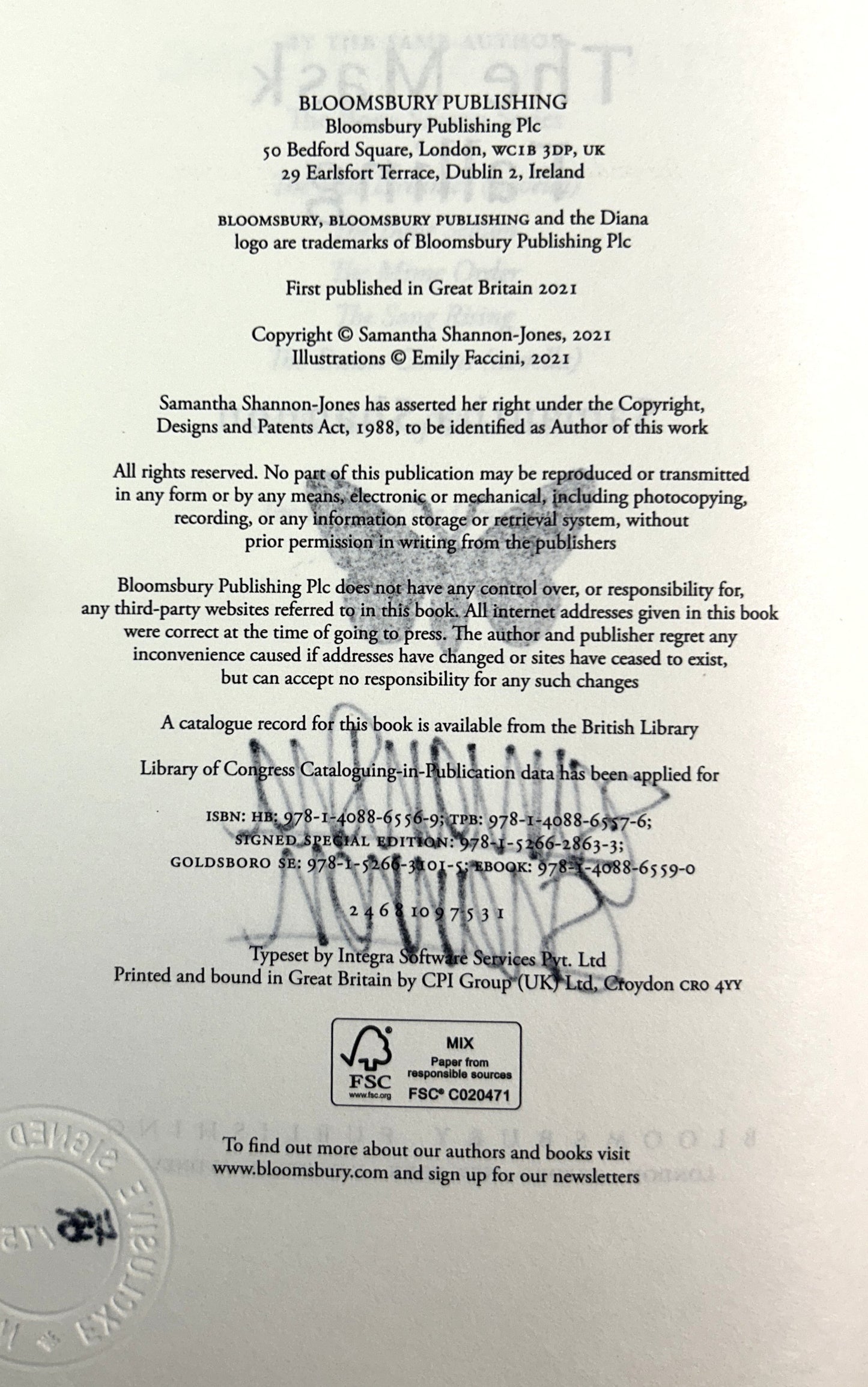 The Mask Falling (Bone Season #4) by Samantha Shannon 2021 SIGNED Limited Edition #455/750 SPRAYED EDGES