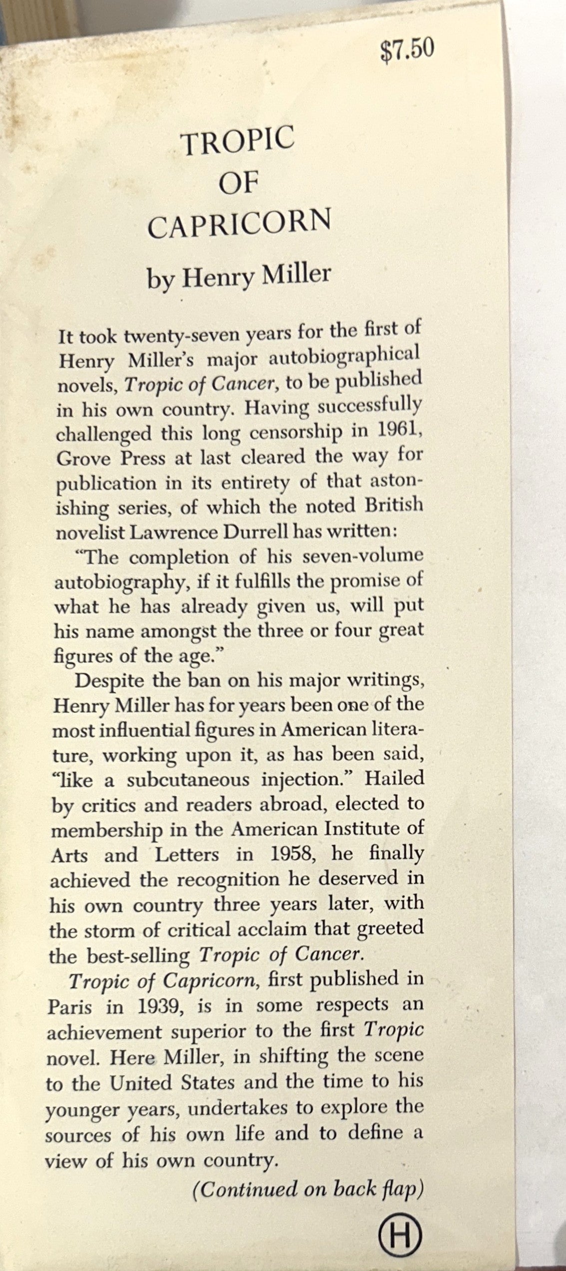 Tropic of Capricorn/Tropic of Cancer by Henry Miller 1961 1st/3rd Printings