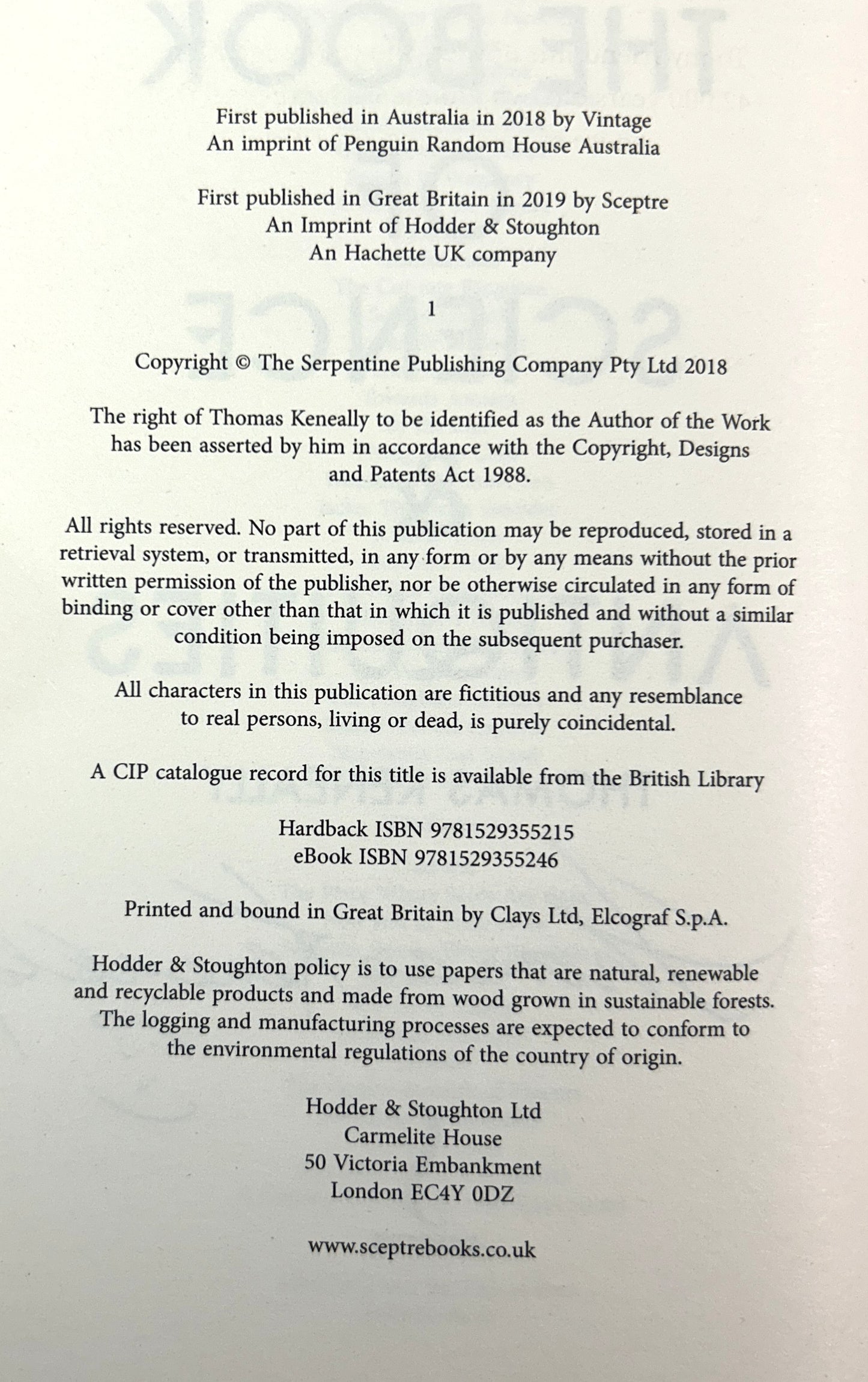 The Book of Science and Antiquities by Thomas Keneally 2018 SIGNED 1st UK Ed