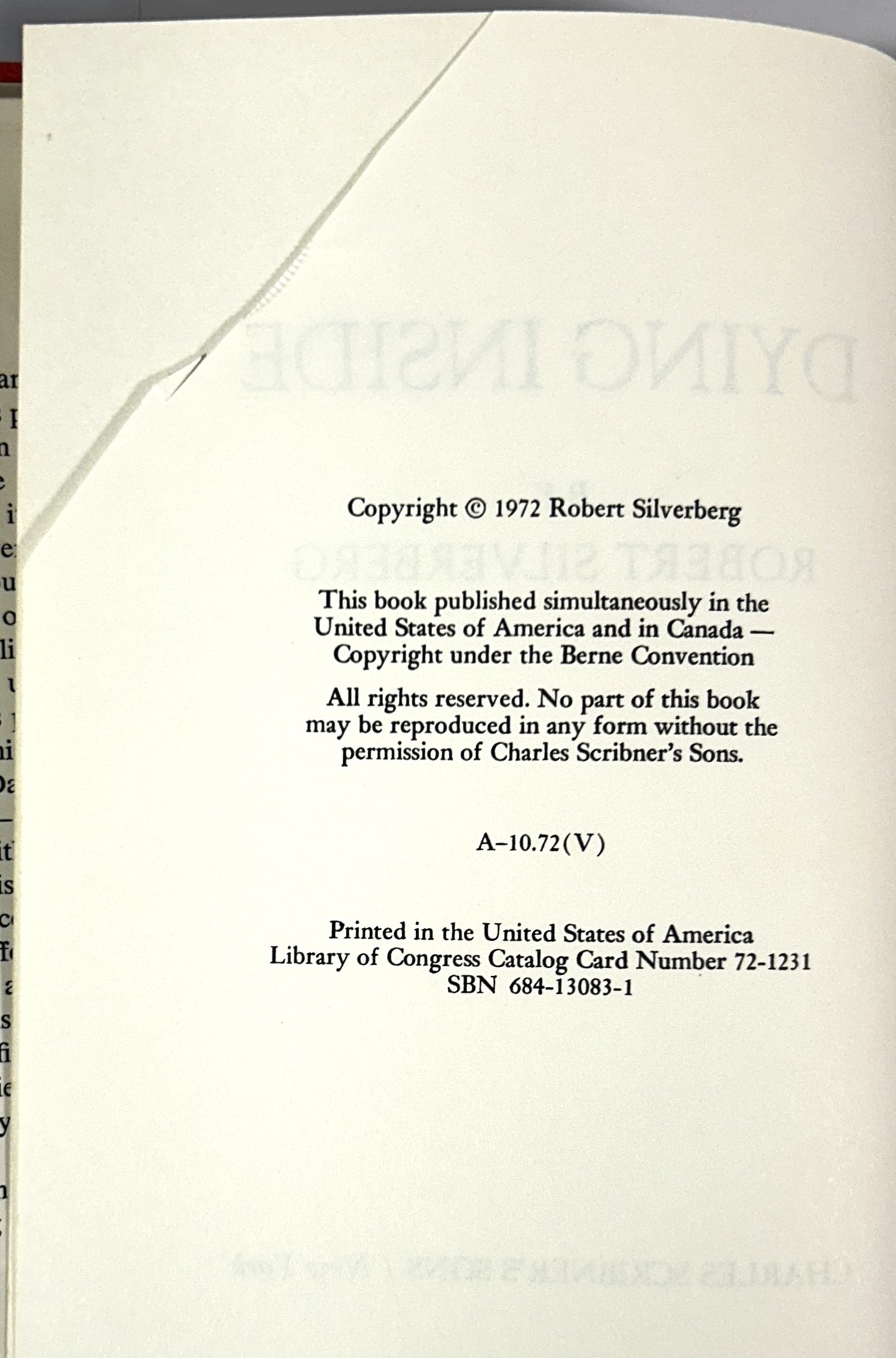 Dying Inside by Robert Silverberg Hardcover 1st Edition 1972
