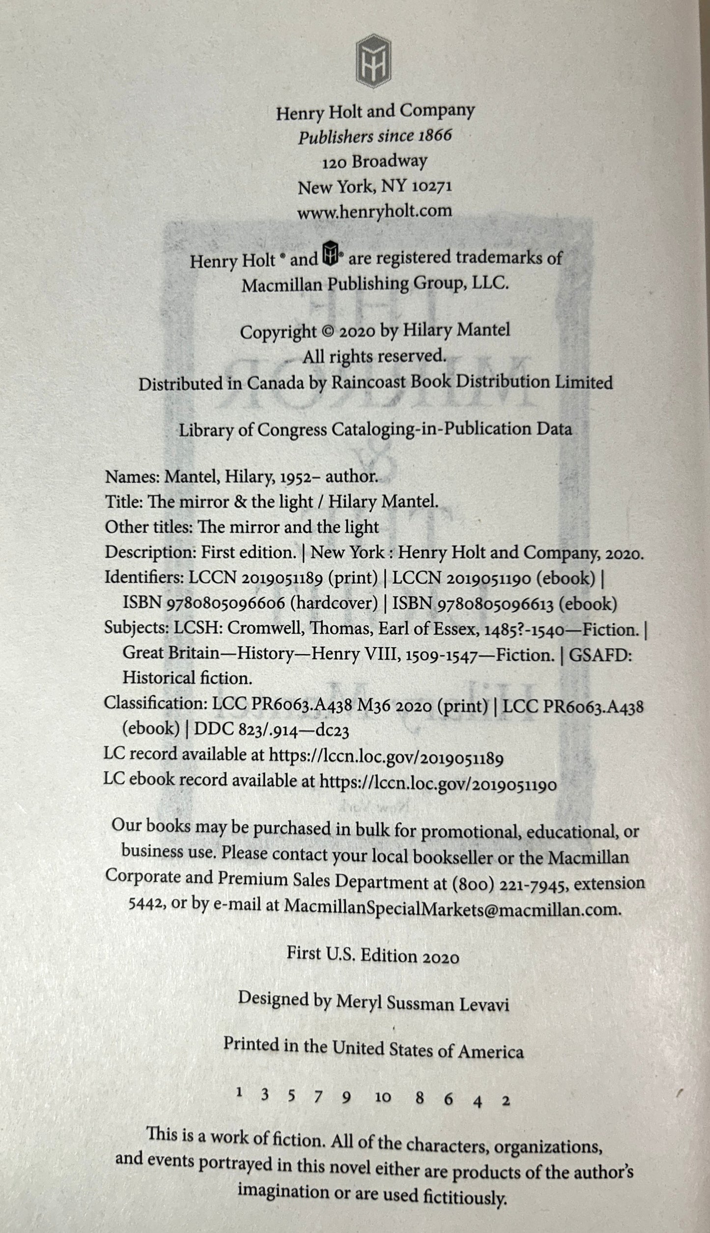 The Mirror and the Light (Thomas Cromwell Trilogy #3) by Hilary Mantel 2020 SIGNED 1st US Edition