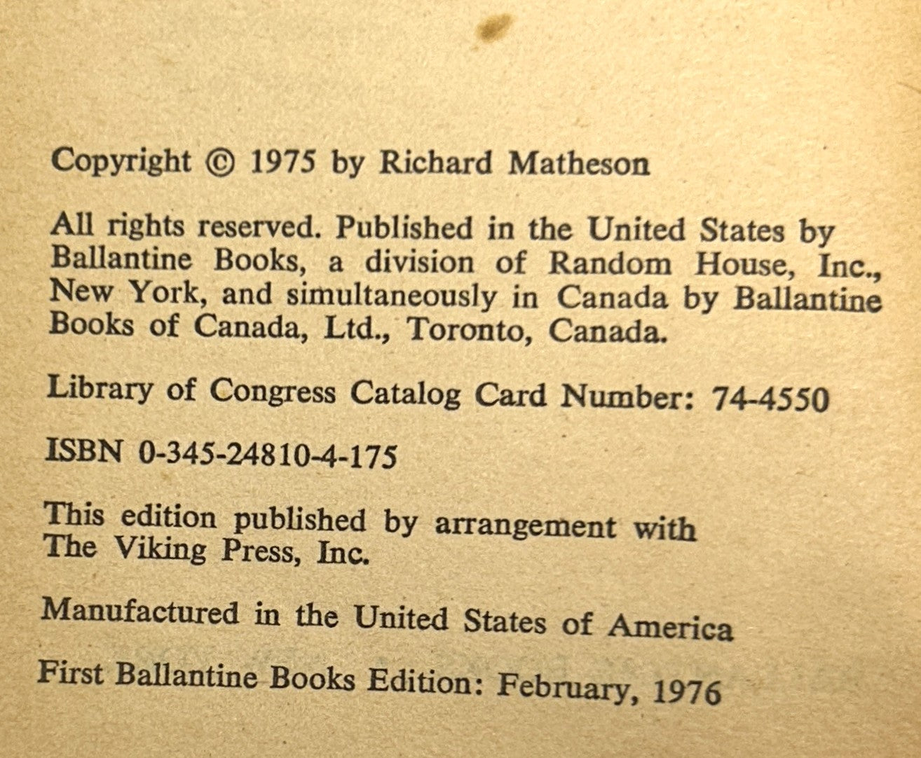 Bid Time Return by Richard Matheson 1975 1st Printing