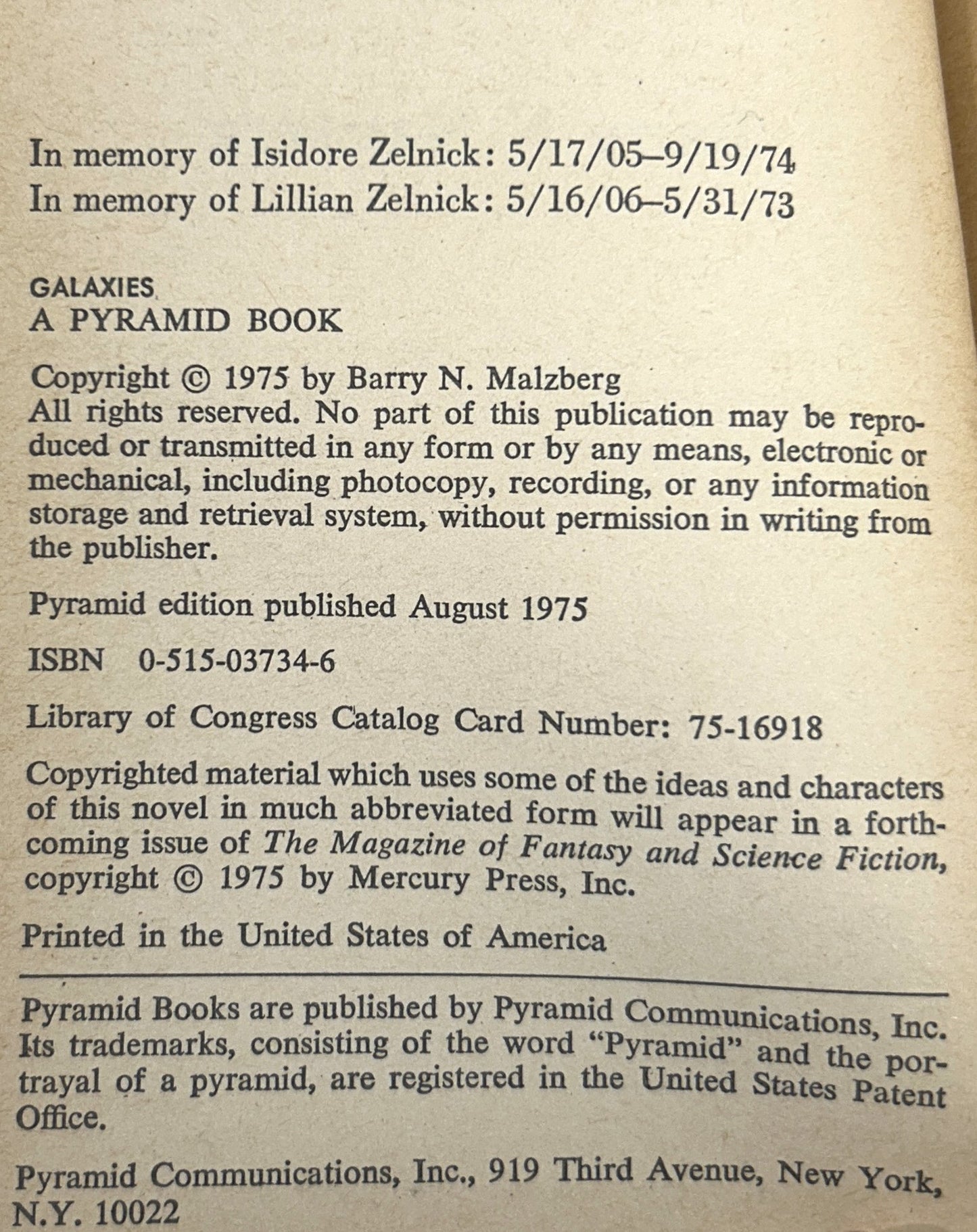 Galaxies by Barry N. Malzberg 1975 1st Pyramid Print