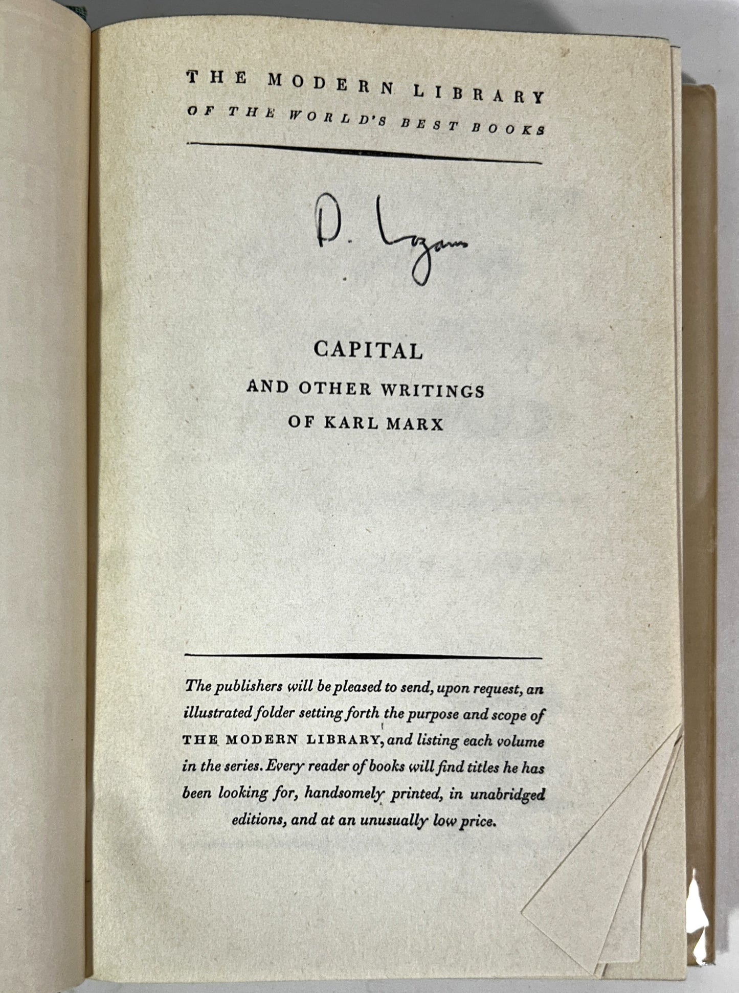 Modern Library: Capital and Other Writings by Karl Marx 1959