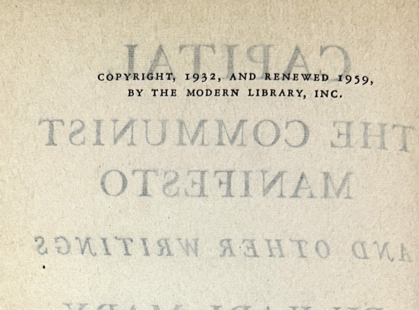 Modern Library: Capital and Other Writings by Karl Marx 1959