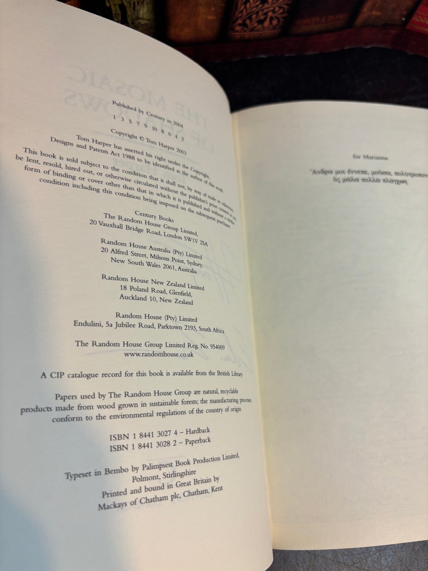 The Mosaic of Shadows by Tom Harper SIGNED 1st Edition UK