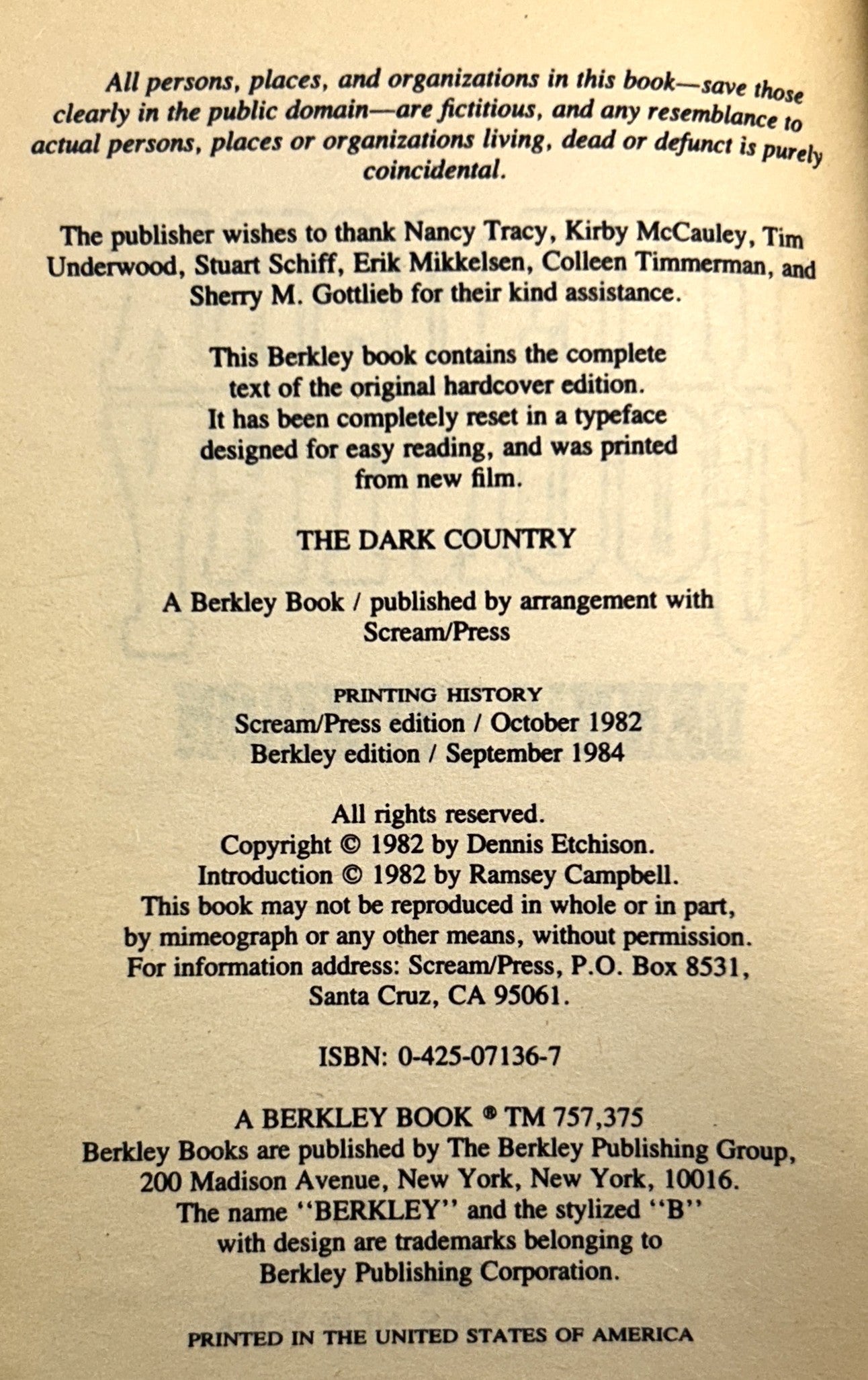 The Dark Country by Dennis Ethison 1984 2nd Printing