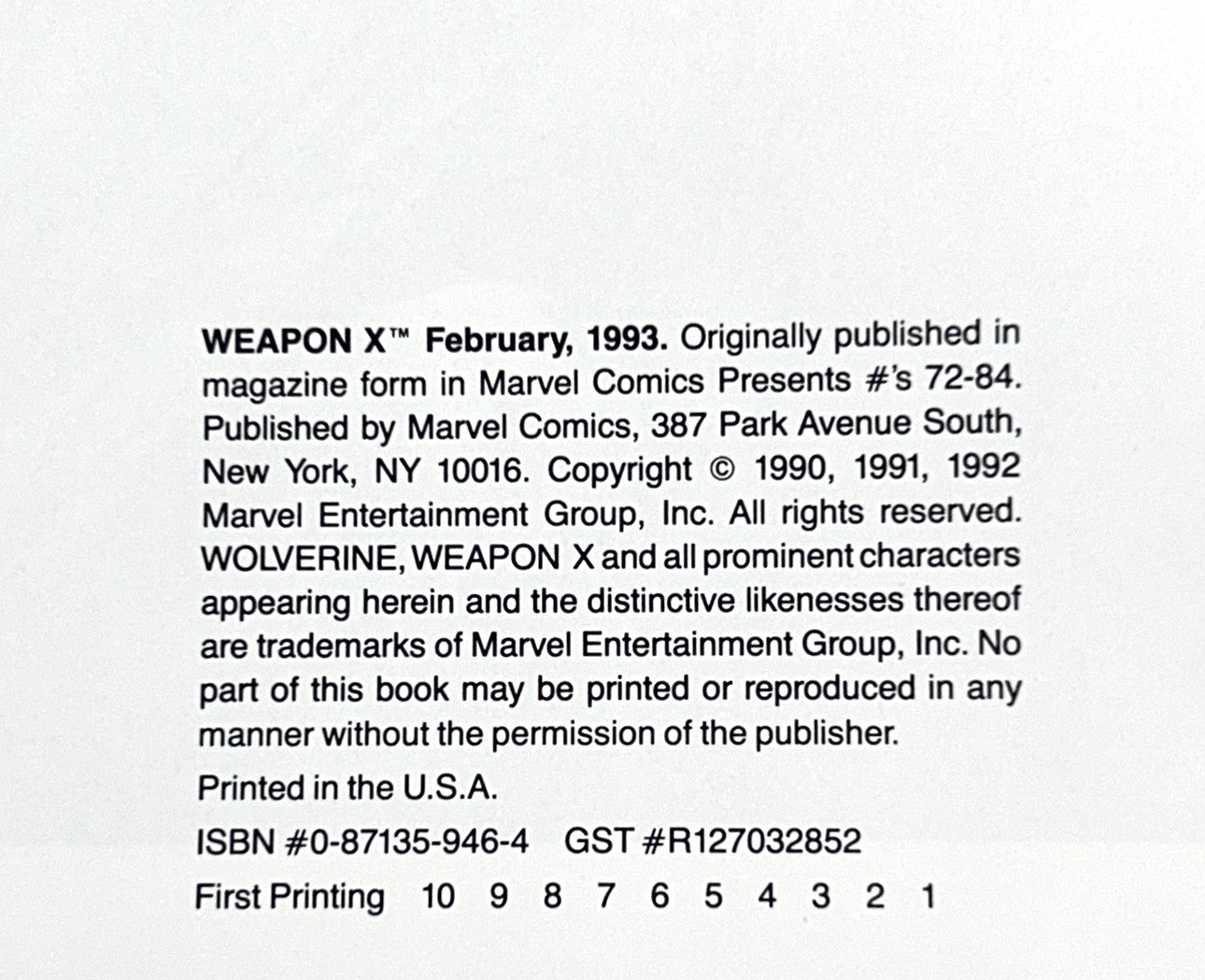 Marvel Comics: Weapon X by Barry Windsor-Smith 1993 1st Print