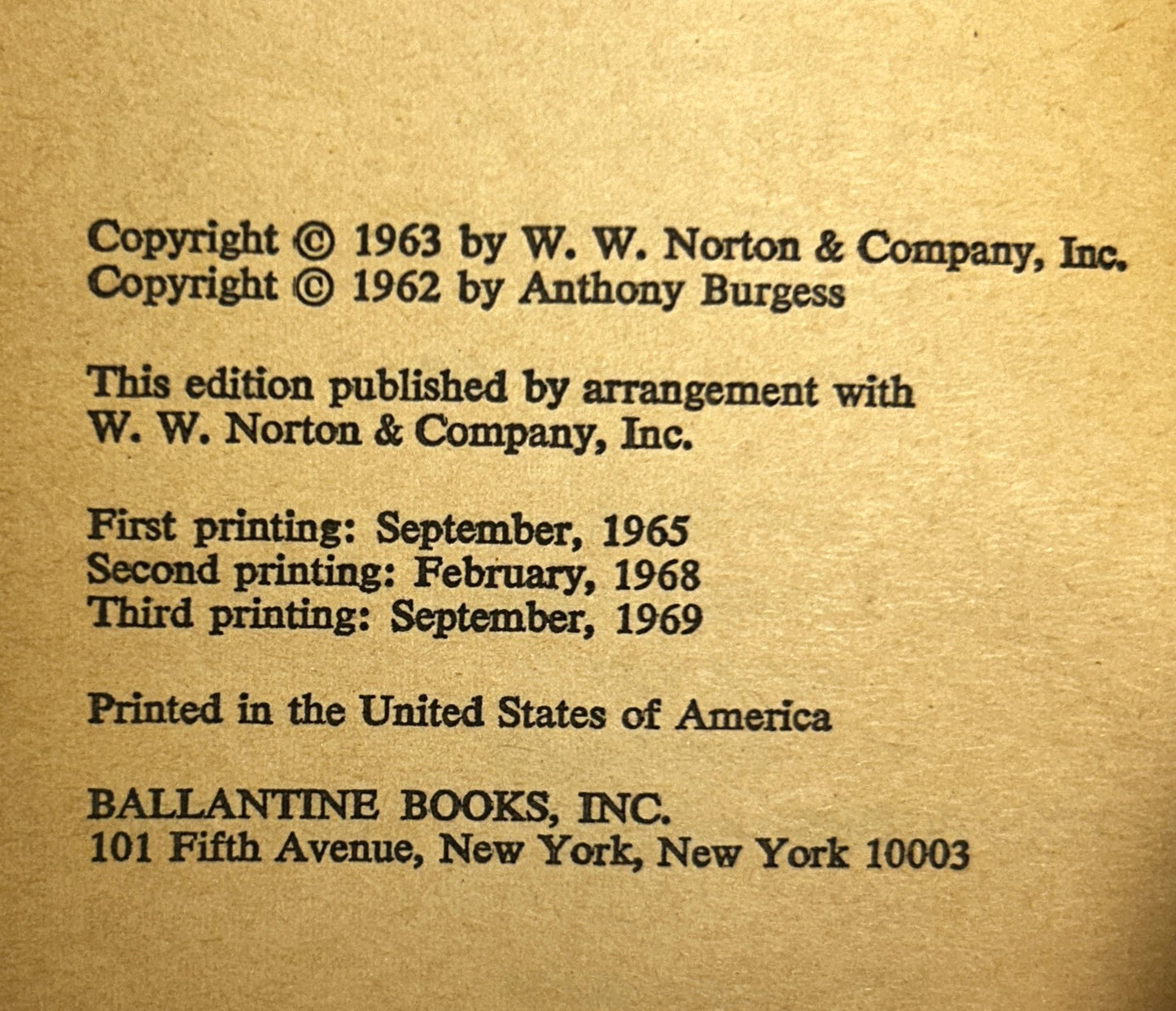 A Clockwork Orange by Anthony Burgess 1969 3rd Printing
