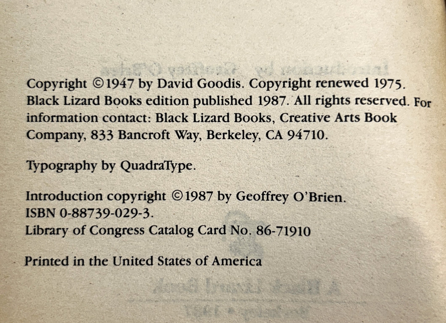 Set of 2 Mysteries by David Goodis 1987 Black Lizard Books