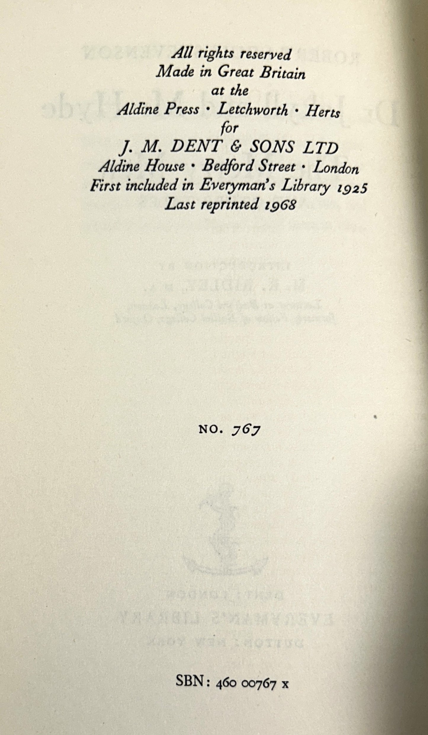 Everyman's Library 767: The Strange Case of Dr. Jekyll and Mr. Hyde by Robert Louis Stevenson 1968