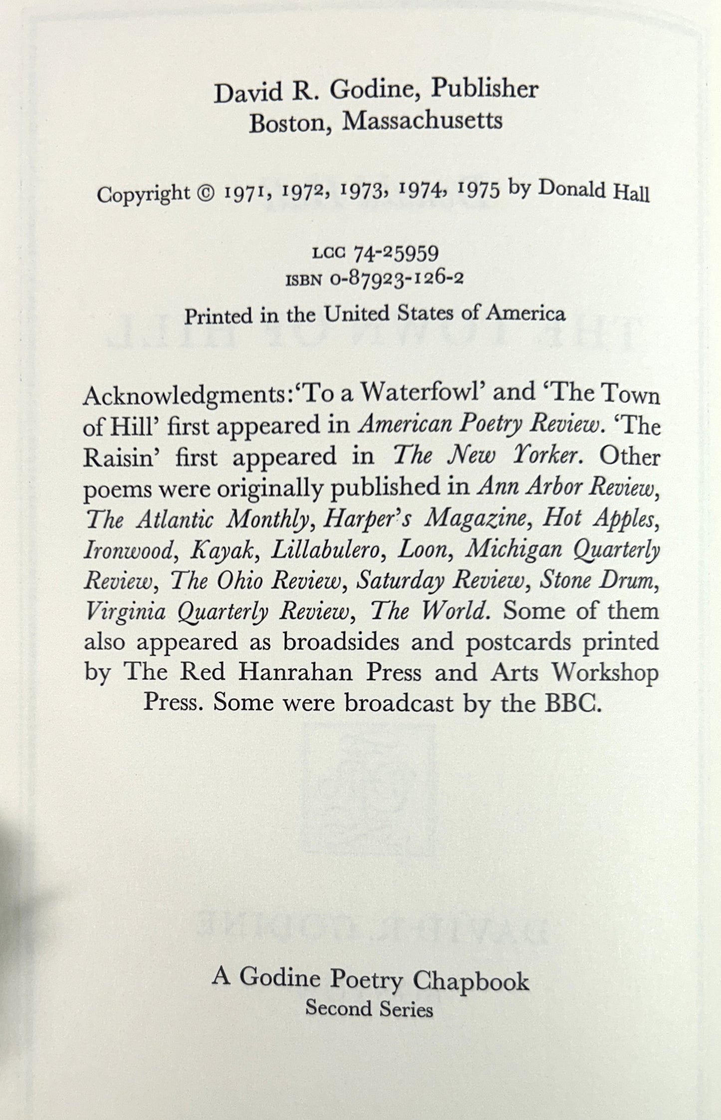 The Town of Hill by Donald Hall 1975