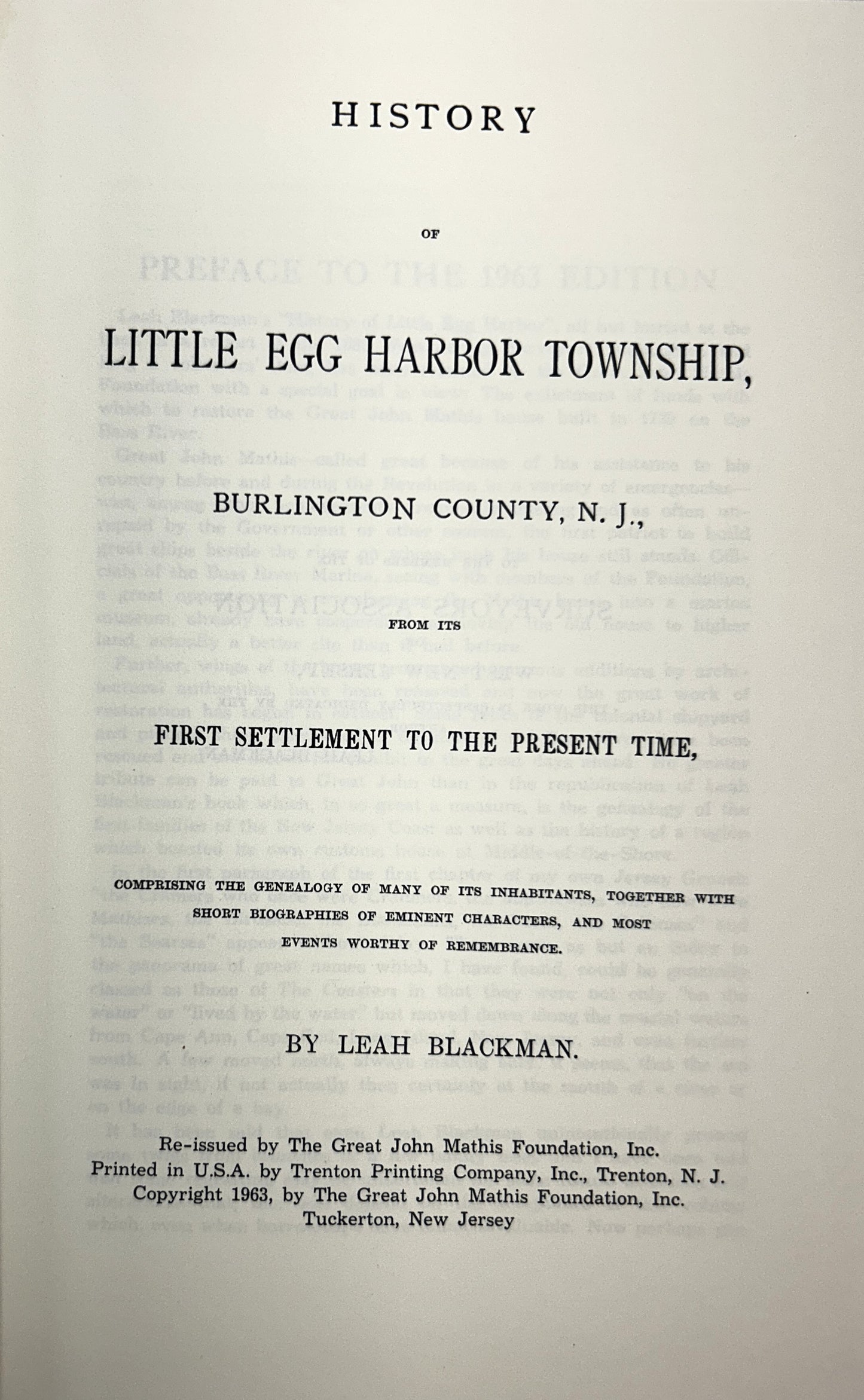Leah Blackman's History of Little Egg Harbor Township 1963