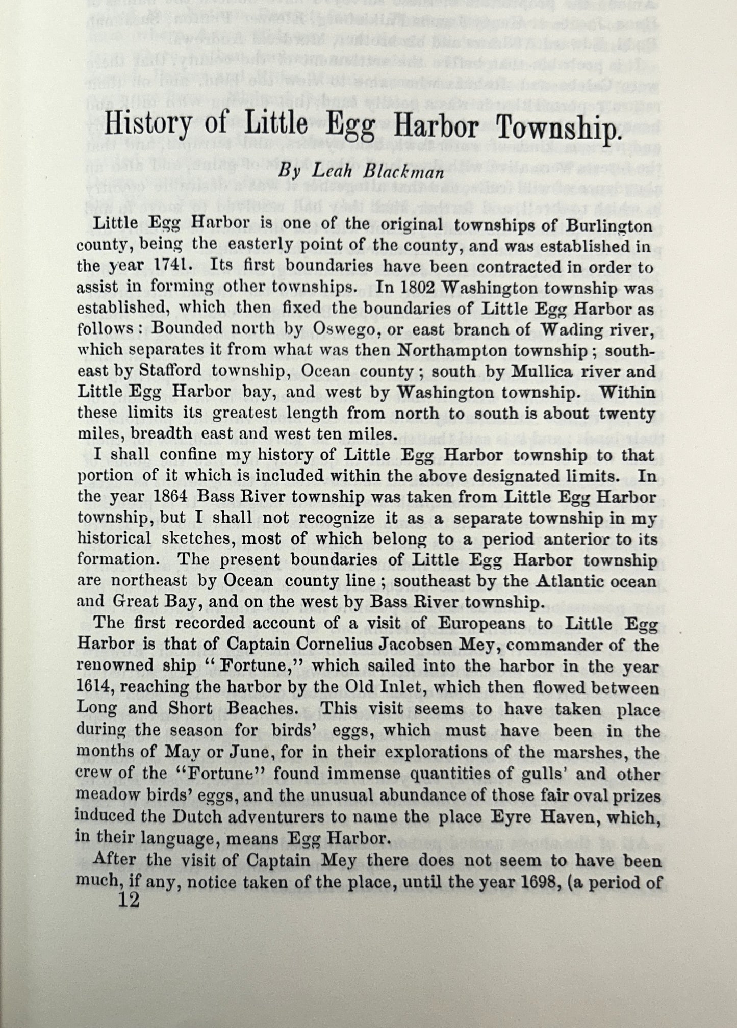 Leah Blackman's History of Little Egg Harbor Township 1963