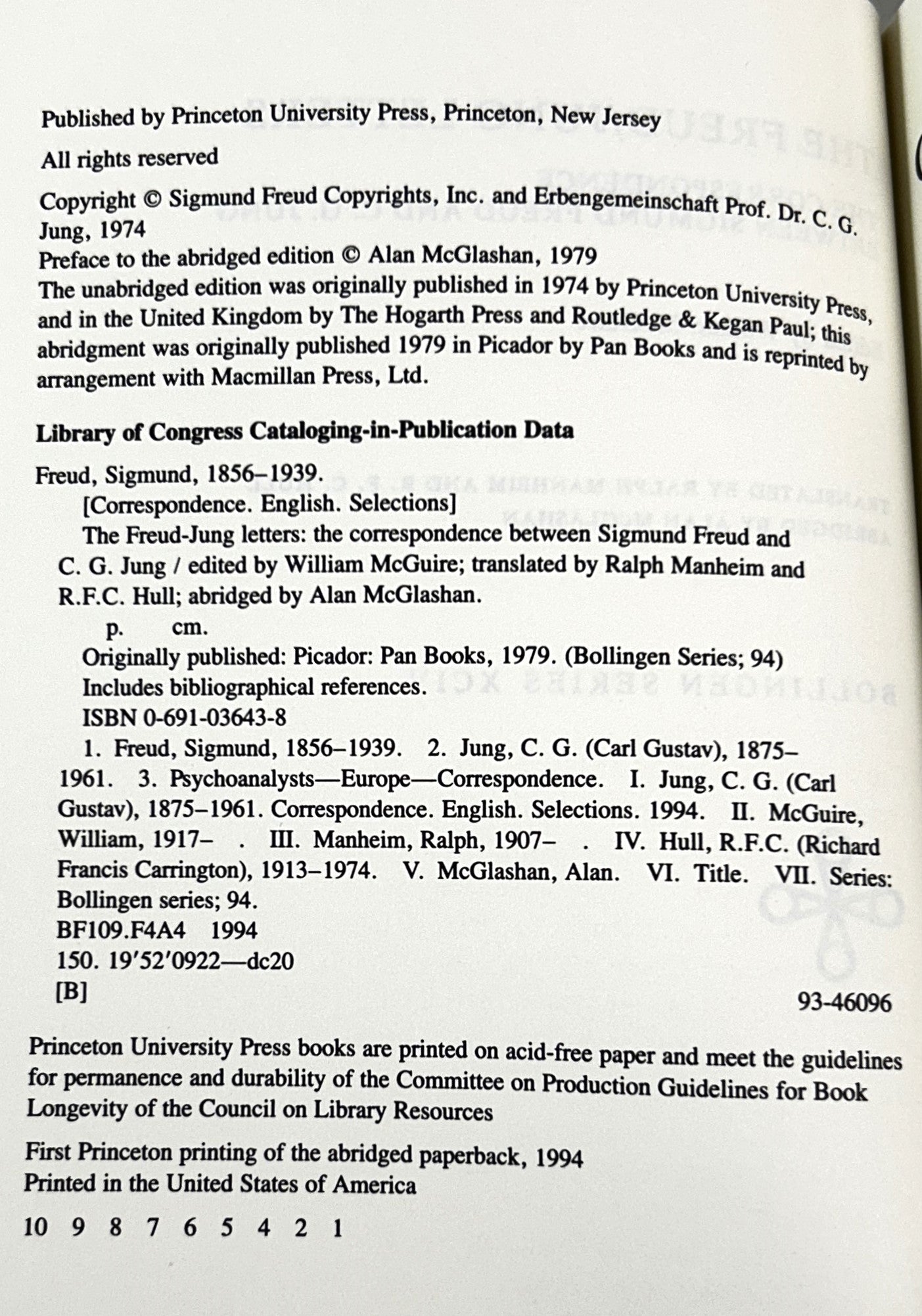 The Freud/Jung Letters by William McGuire 1979