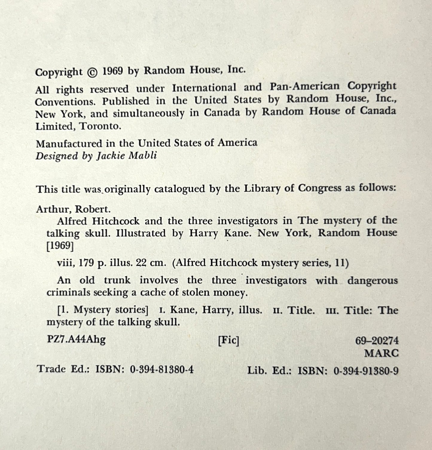The Mystery of the Talking Skull (Alfred Hitchcock & the Three Investigators #11) stated 1969 Later Print