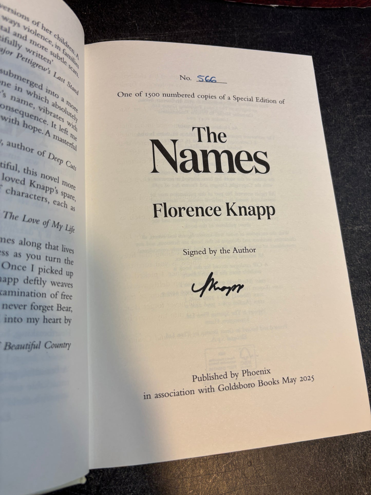 The Names by Florence Knapp SIGNED Limited Edition #566/1500 w/ Sprayed Edges 2025