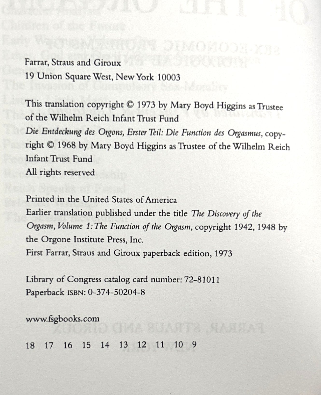 The Function of the Orgasm (Discovery of the Orgone Vol. 1) by Wilhelm Reich 1973