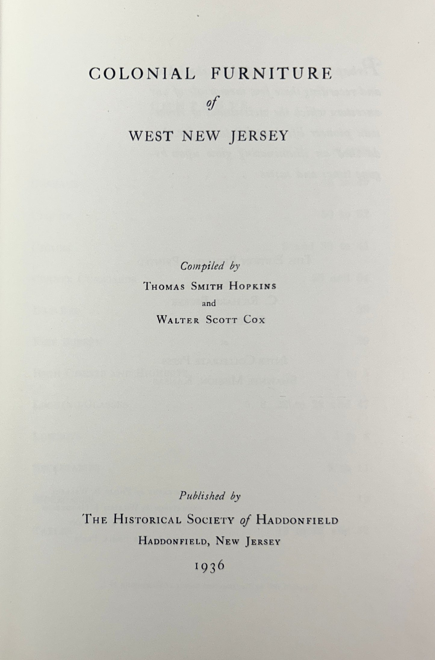 Colonial Furniture of West New Jersey 1936 Historical Society of Haddonfield