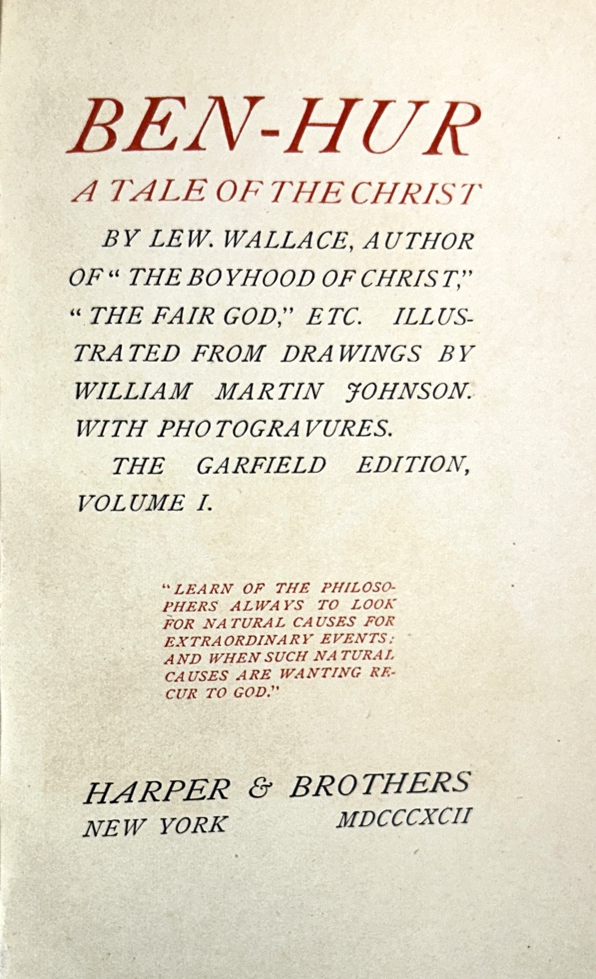 Ben-Hur Volume 1 by Lew Wallace 1892 Garfield Edition