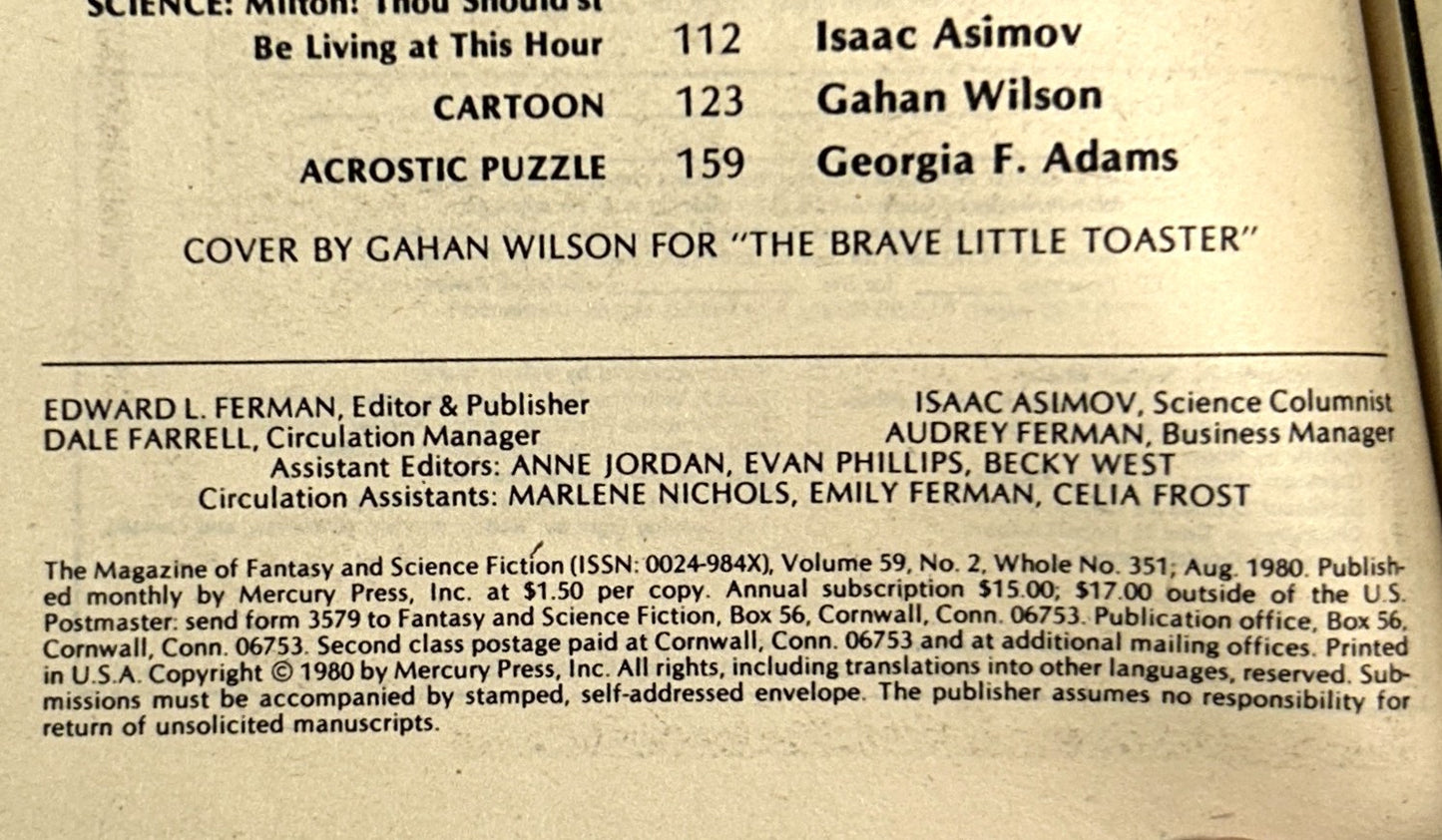 The Magazine of Fantasy & Science Fiction August 1980 "The Brave Little Toaster" by Thomas Disch