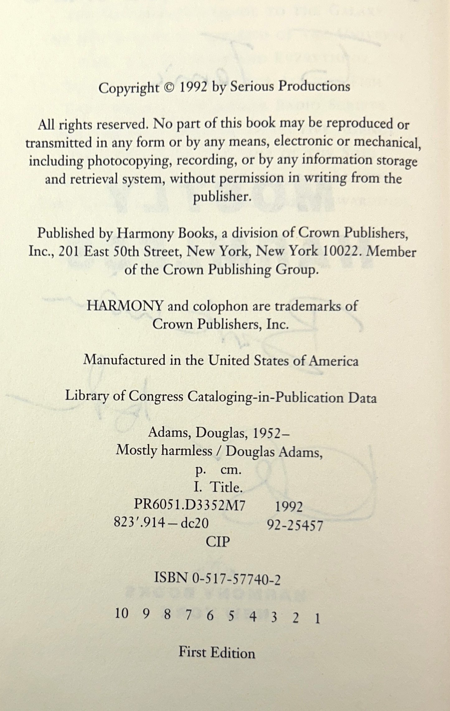 Mostly Harmless by Douglas Adams 1992 SIGNED + INSCRIBED 1st Edition